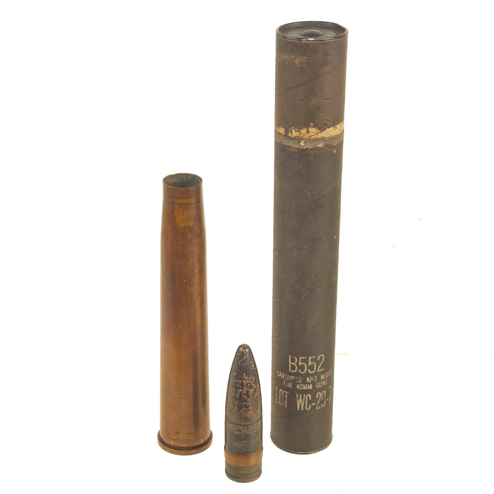 Buy Original WWII U.S. Navy Issue 40mm M81A1 Bofors Gun Round With Original M81A1 Cardboard Tube - Dated 1943 | Original Firearms Antique For Sale