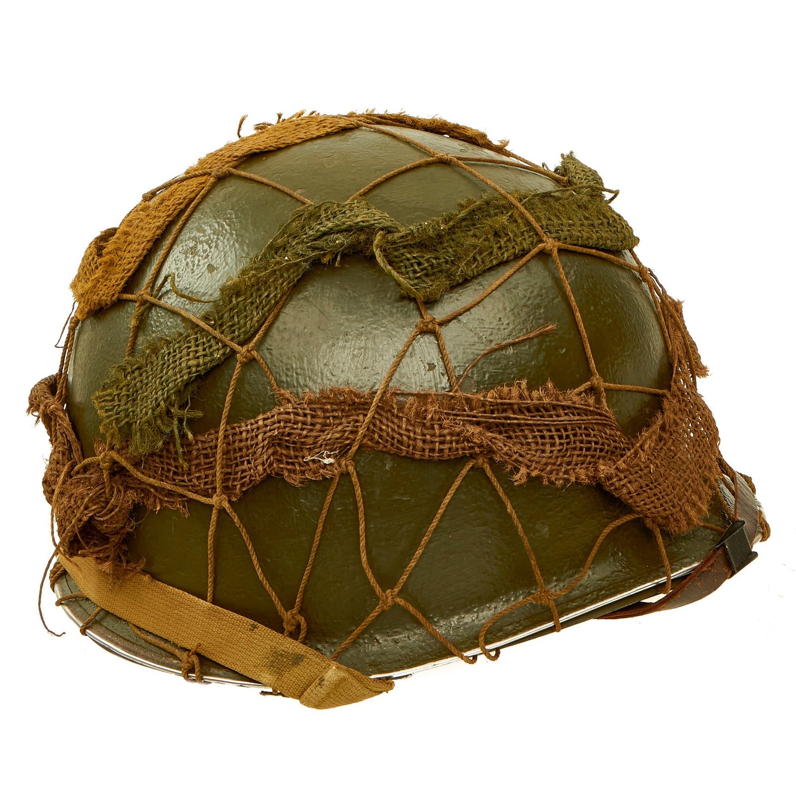 Buy Original U.S. WWII M1 McCord Front Seam Fixed Bale Helmet Complete With Scrim Net and CAPAC Liner With Chinstrap | Original Firearms Antique For Sale