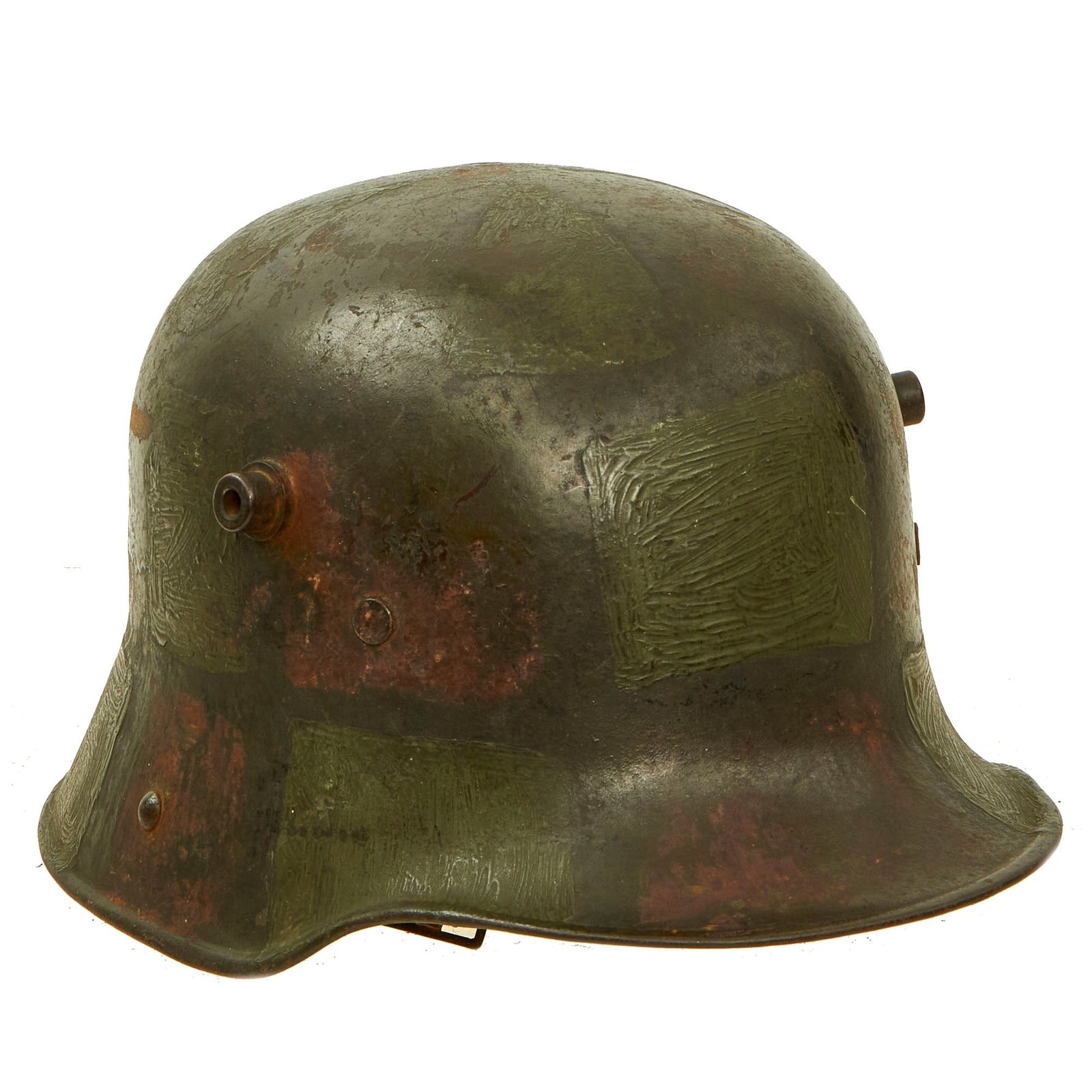 Buy Original Imperial German WWI Panel Camouflage M16 Stahlhelm Helmet with Worn Liner & Chinstrap - Stamped K.64 | Original Firearms Antique For Sale