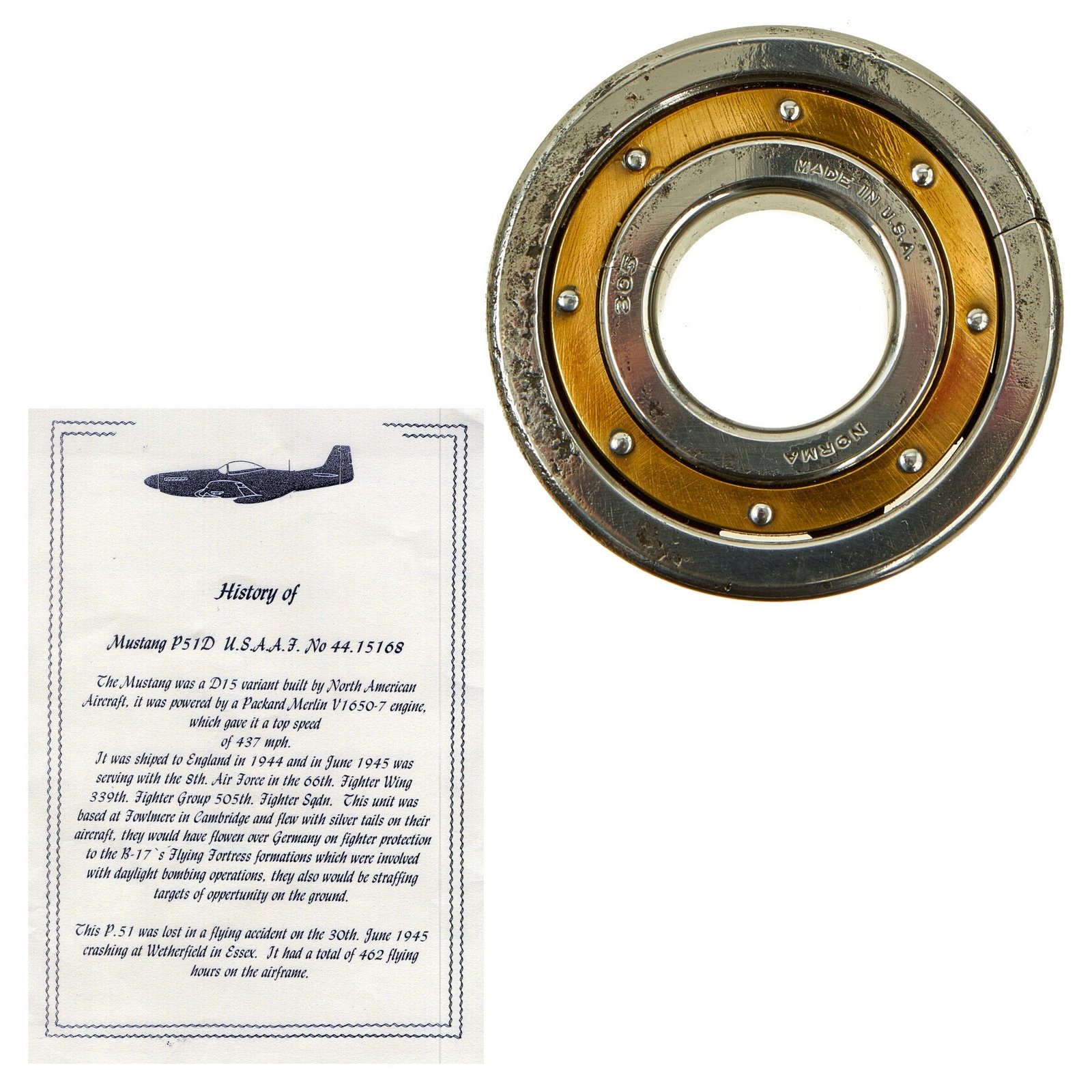 Buy Original U.S. WWII P51 Mustang No 44.15168 Bearing Race Recovered From Wetherfield, Essex 1945 Crash Sight | Original Firearms Antique For Sale