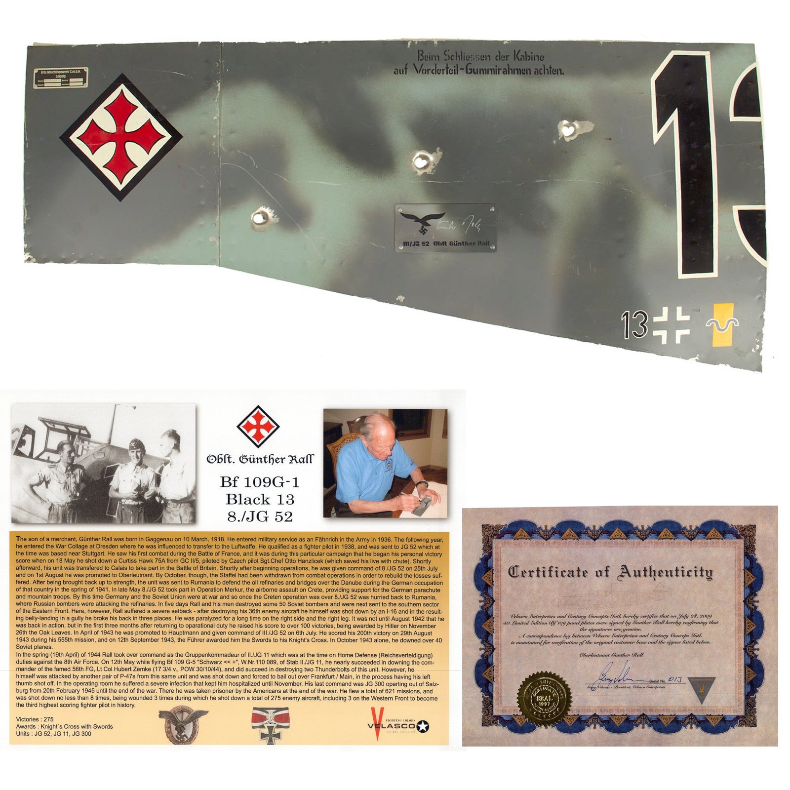 Buy Replica German Messerschmitt Bf 109 G-1 Skin Section Signed by WWII Ace Fighter Pilot Günther Rall with Full Documentation | Original Firearms Antique For Sale