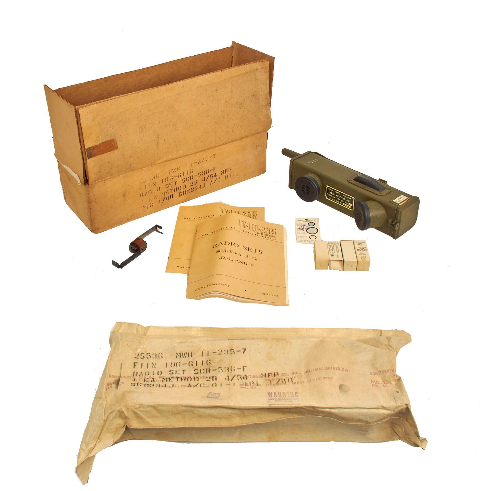 Buy Original U.S. WWII - Post Korean War Handie Talkie SCR-536 Radio Transceiver BC-611-F Set In Original 1954 Dated Repack Box With Contents in Moisture Packing | Original Firearms Antique For Sale