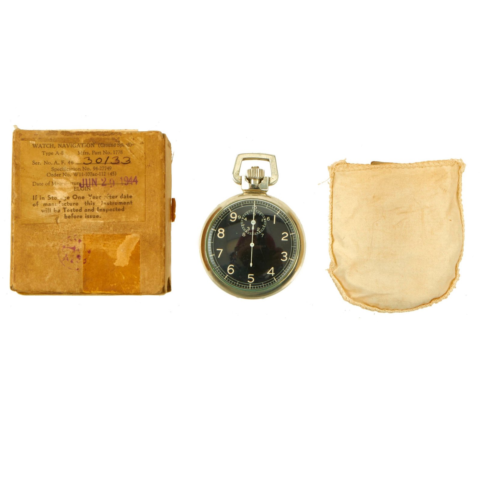 Buy Original U.S. WWII 1944 Army Air Corps B-17 Navigator Type A-8 Jitterbug Stopwatch by Elgin with Matched Box | Original Firearms Antique For Sale