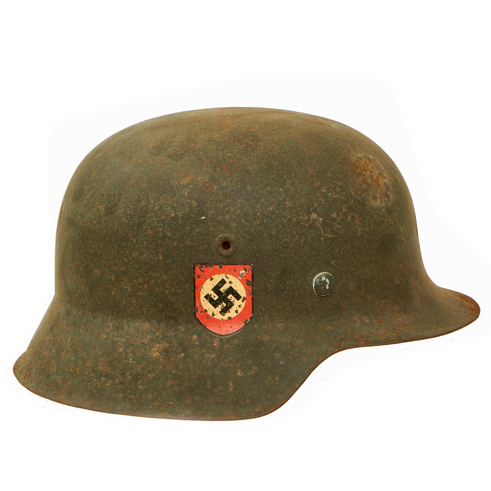 Buy Original German WWII "Battlefield Pickup" Double Decal NSDAP Civic Police M42 Steel Combat Helmet - size 66 Shell | Original Firearms Antique For Sale