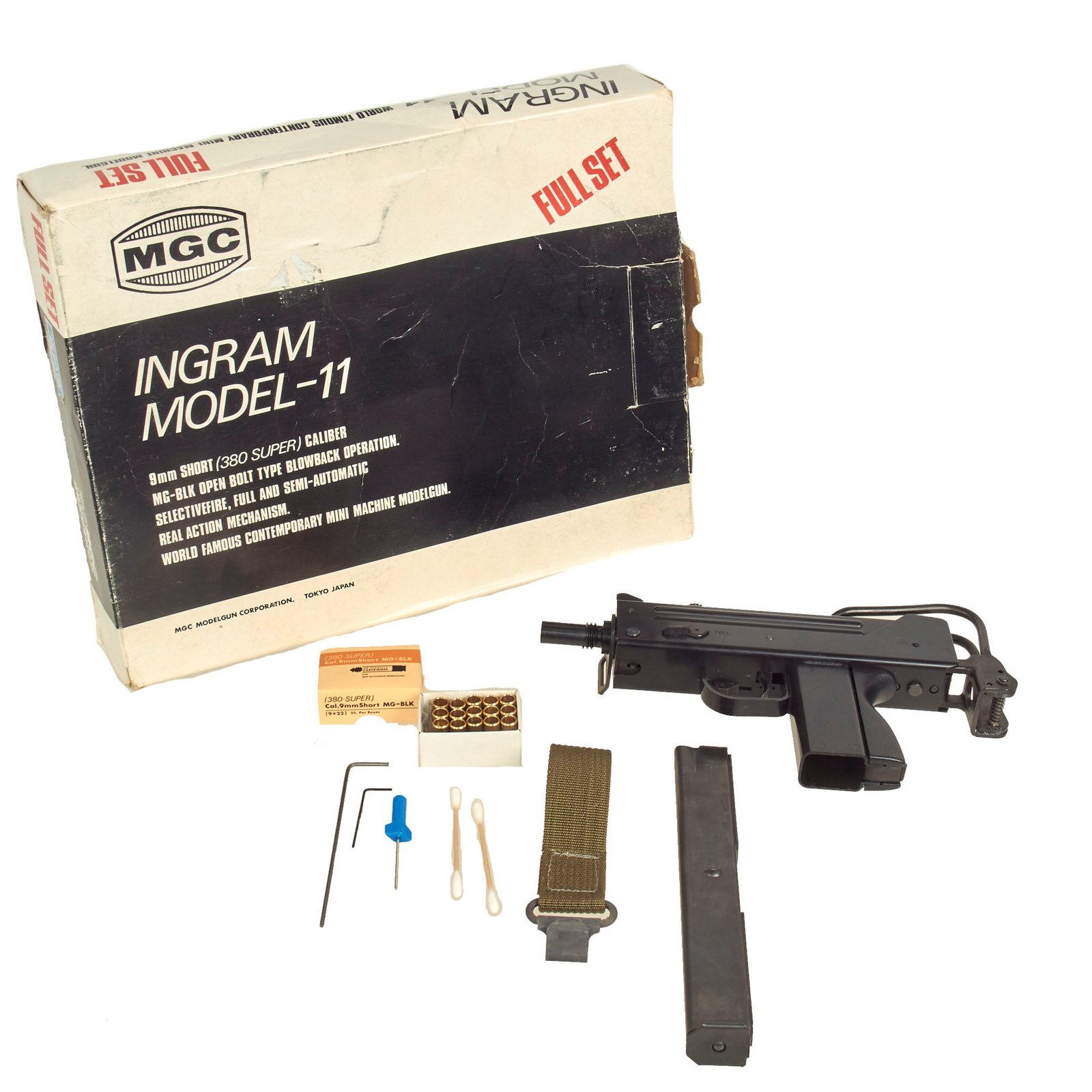 Buy U.S.  Mac ll (M-11) 9mm Cap Plug-Firing Model Gun byMGC Japan with Sling Keeper, Cleaning Kit, (15) Cartridges, Magazine and Original Box With Packaging | Original Firearms Antique For Sale
