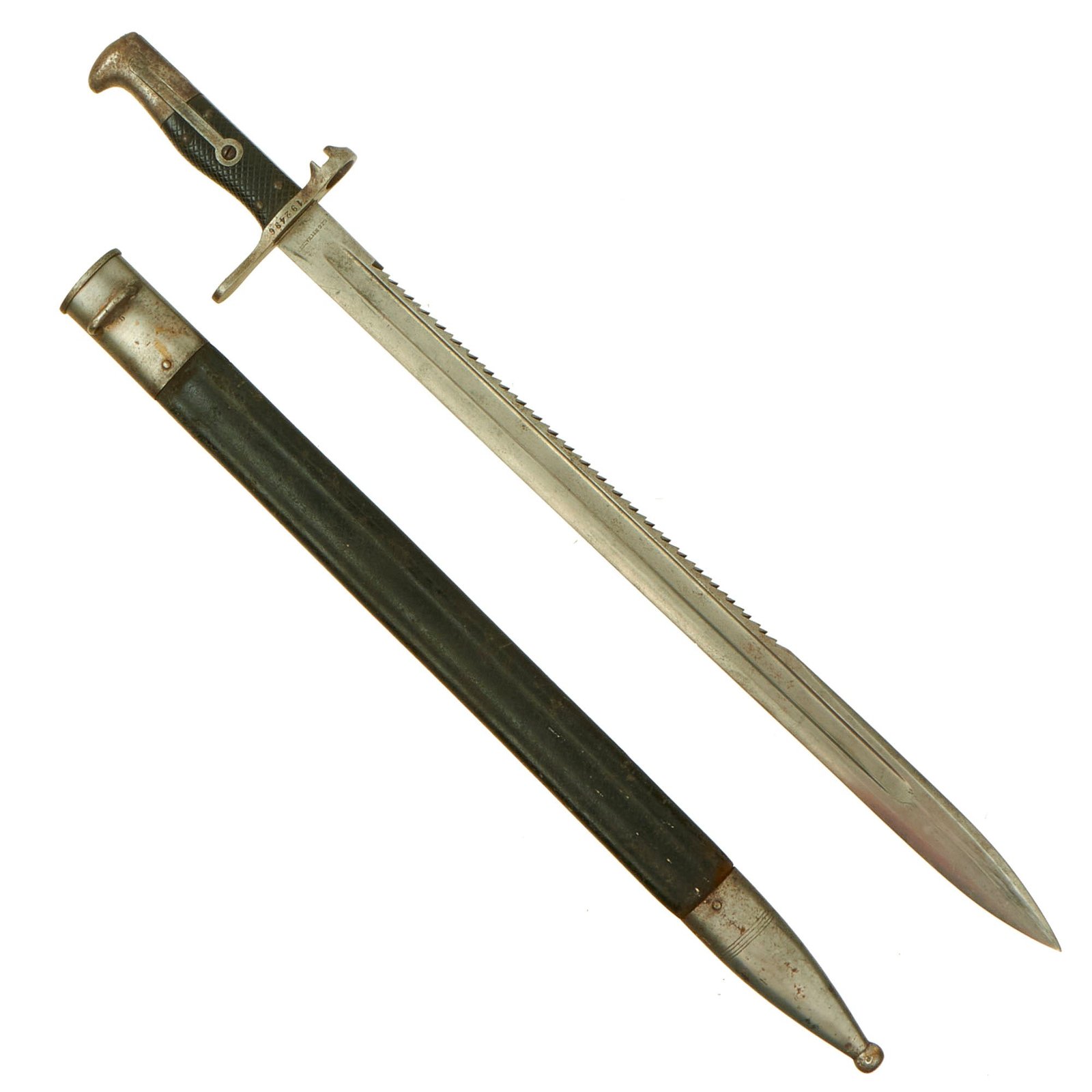 Buy Original WWI Swiss Vetterli M1878 Sawback Sword Bayonet by S.J.G. Neuhausen with 4 Rivet Grip & Scabbard | Original Firearms Antique For Sale