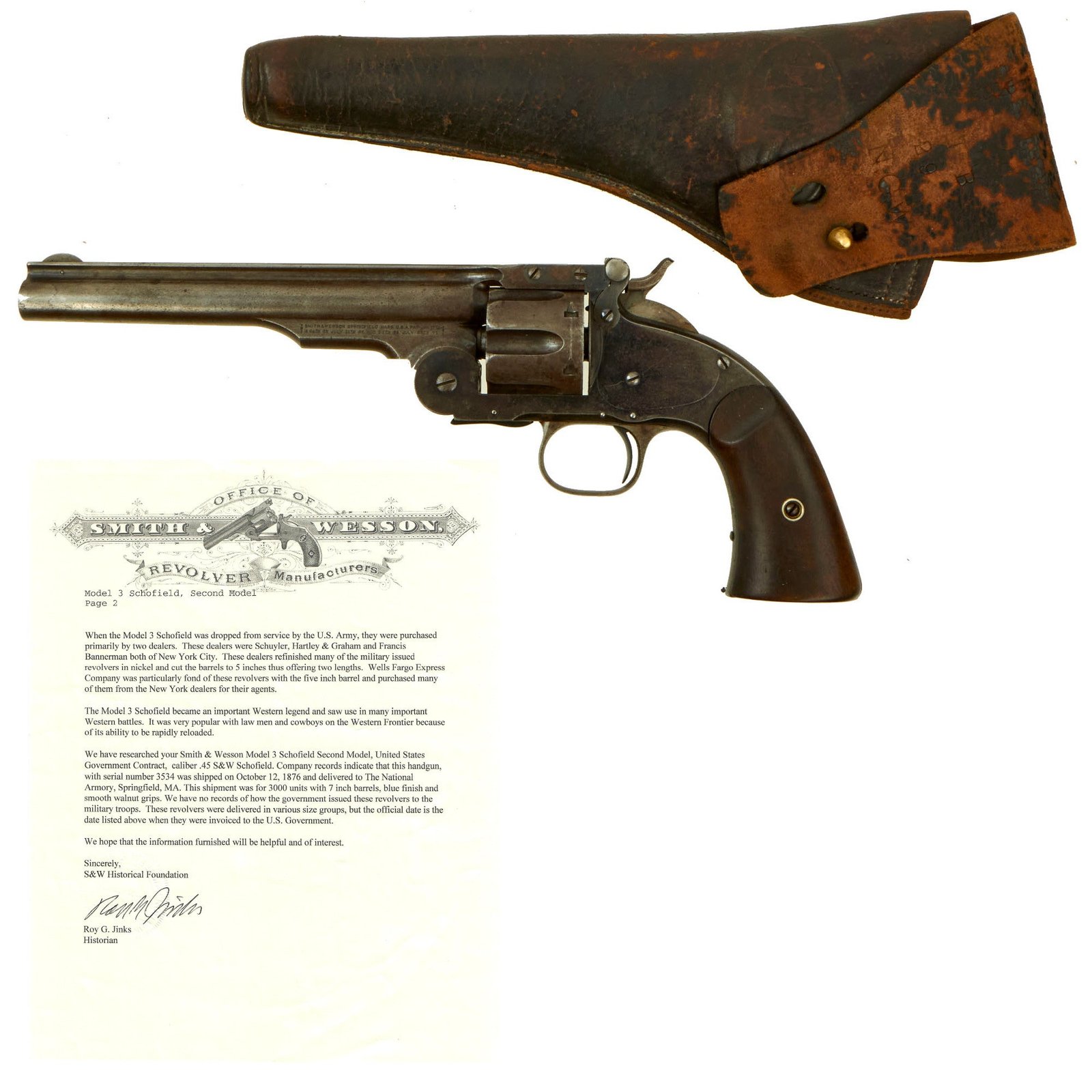 Buy Original U.S. Smith & Wesson 2nd Model Schofield No.3 Revolver Serial 3534 with Factory Letter & N.G.W. Marked M1881 Holster | Original Firearms Antique For Sale