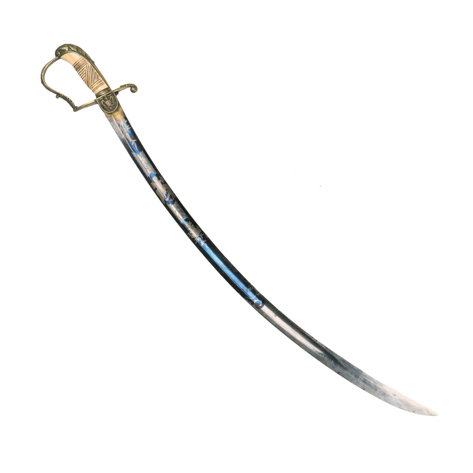 Buy Original U.S. War of 1812 Era Mounted Officer’s Saber with Fireblued Blade with Gold-Inlay & Carved Bone Grip | Original Firearms Antique For Sale
