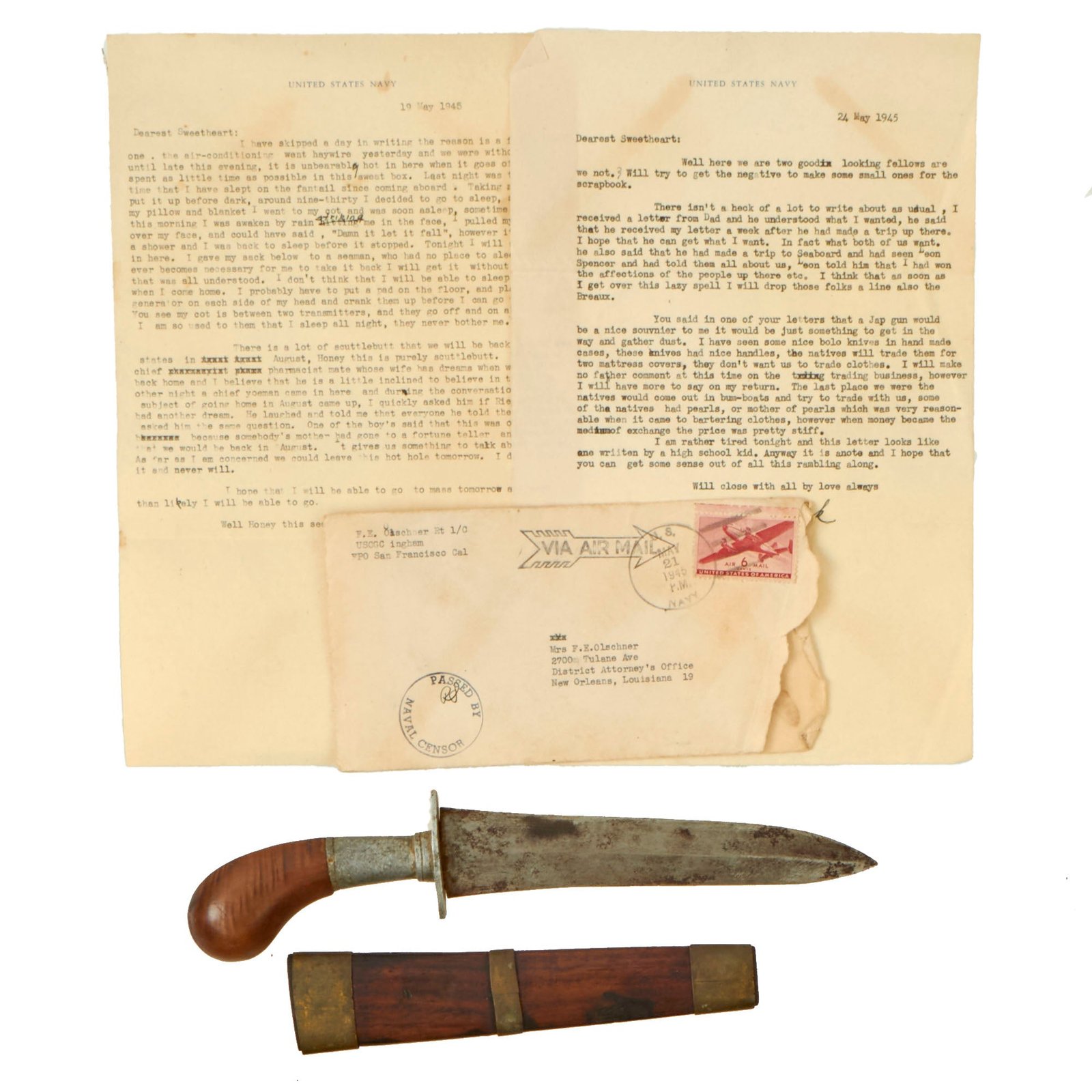 Buy Original U.S. WWII US Navy Bringback Philippines 19th / Early 20th Century Gunong Style Dagger With Scabbard and Personal Correspondence To Wife Explaining How It Was Obtained - Radio Technician 1/C Frank Olschner, USCGC Cutter Ingham (WHEC-35) | Original Firearms Antique For Sale