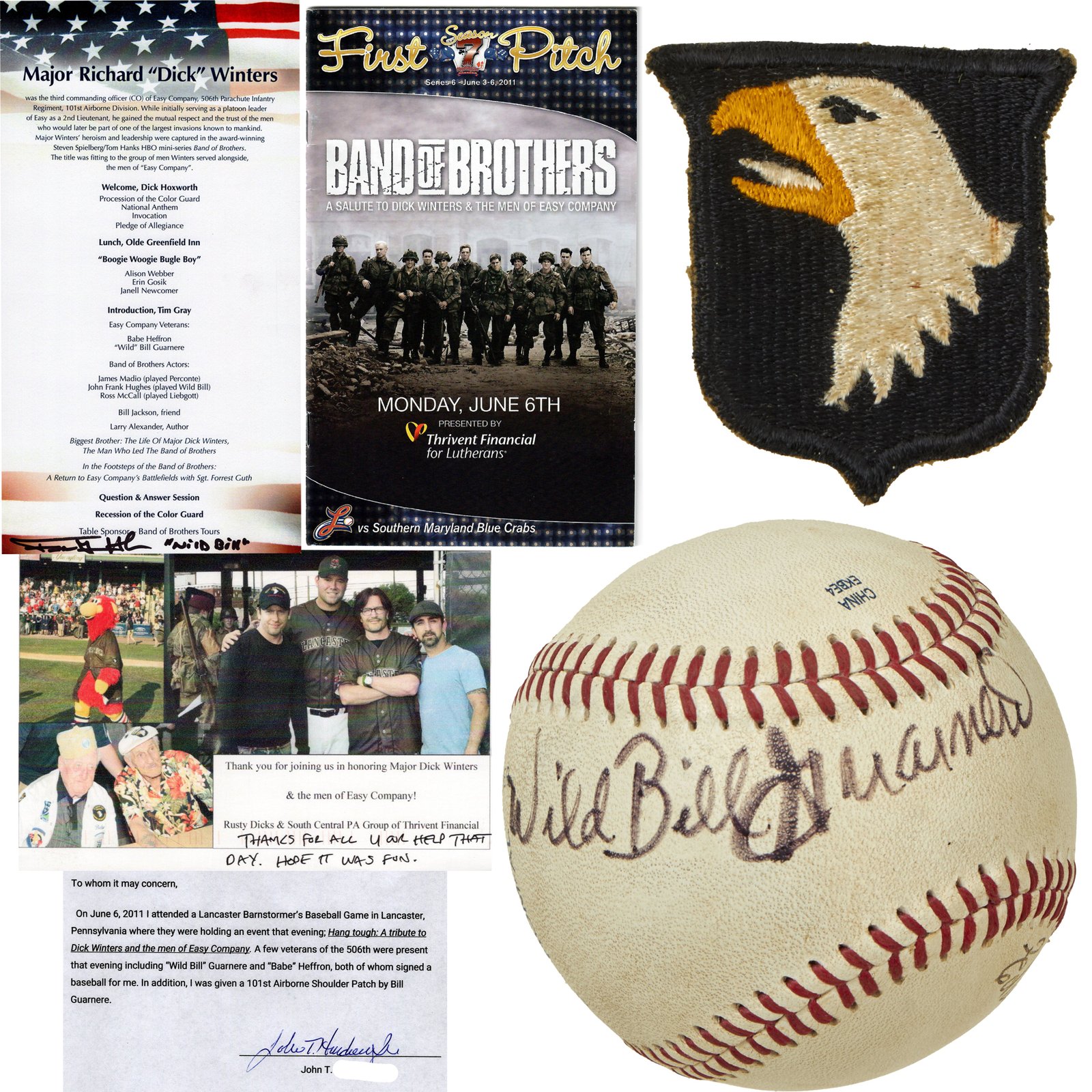 Buy Original U.S. WWII Band of Brothers William J. “Wild Bill” Guarnere’s Personal Rare 101st Airborne Division White Tongue Patch With Signed Baseball by Guarnere and Edward James "Babe" Heffron - With Notarized Letter of Provenance | Original Firearms Antique For Sale