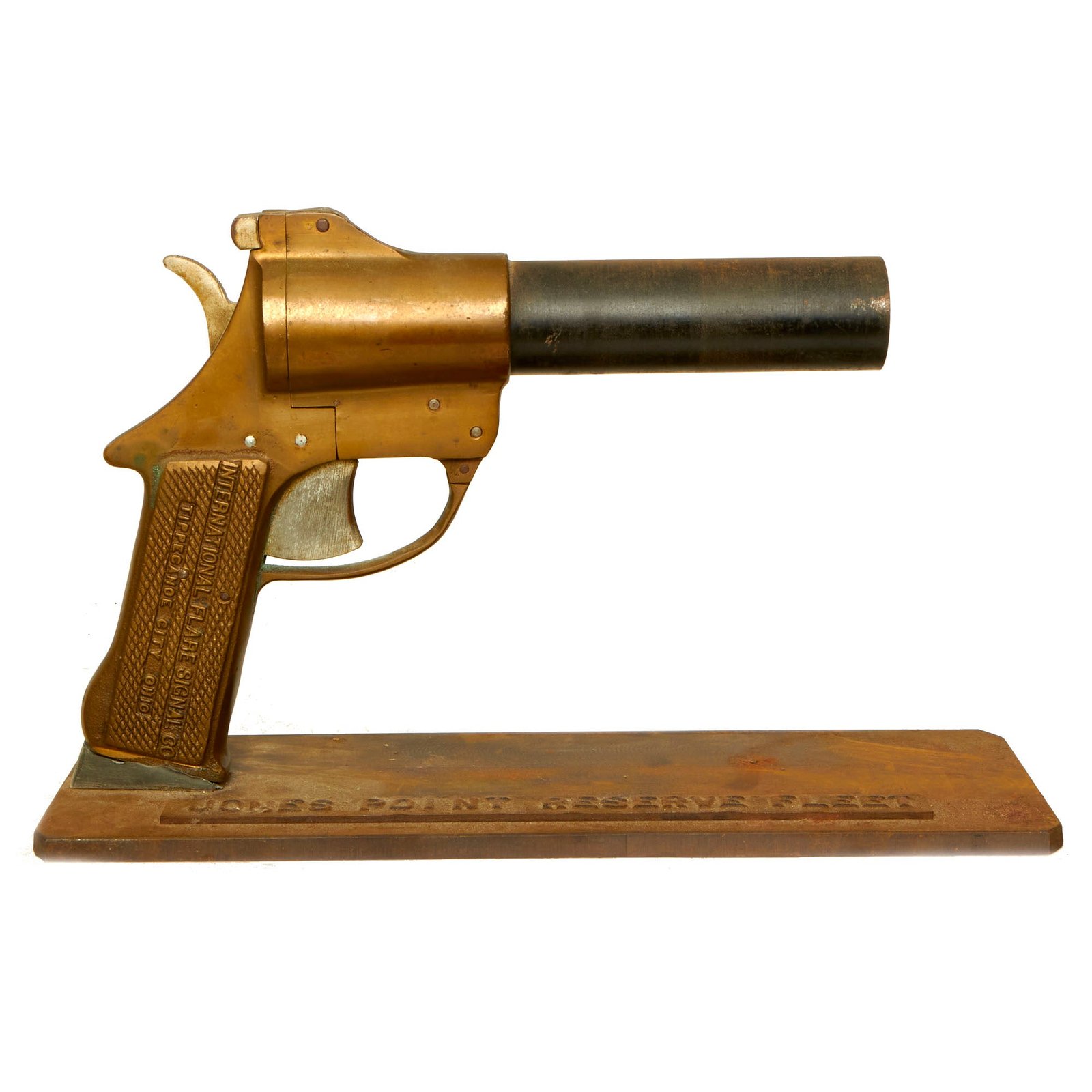 Buy Original U.S. WWII International Flare Signal Co. Brass-Framed Pistol on Period Award Mount - Dated DEC. '43 | Original Firearms Antique For Sale