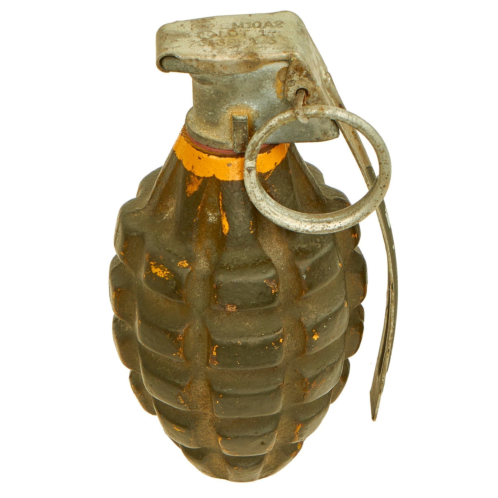 Buy Original U.S. WWII Inert MkII Pineapple Grenade with Yellow Ring & M10A2 Fuze | Original Firearms Antique For Sale