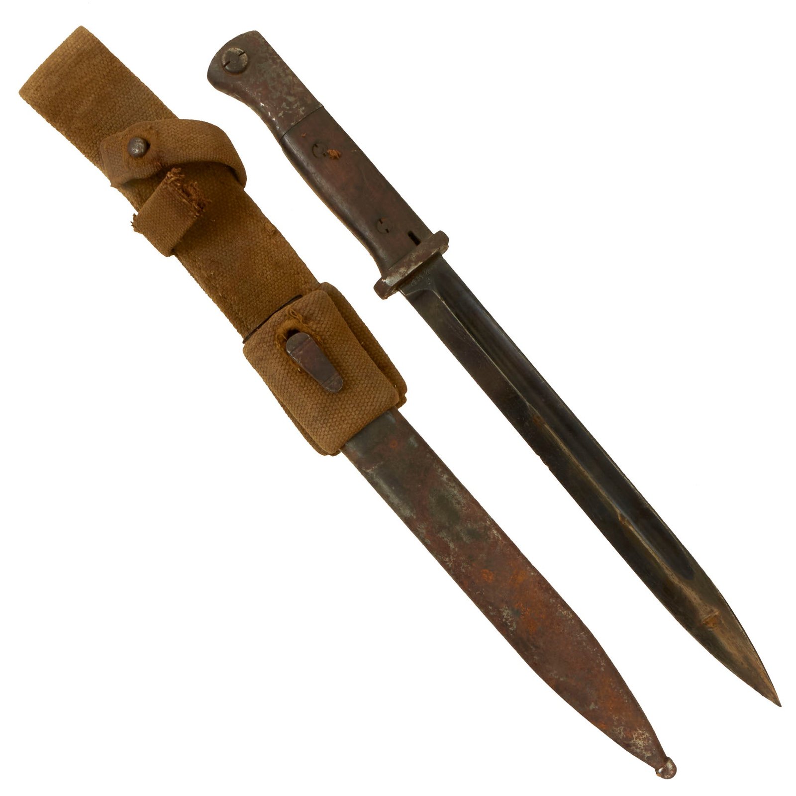 Buy Original German WWII 98k Bayonet by E. & F. Hörster with Scabbard & Broken Tropical DAK Web Frog - Dated 1935 | Original Firearms Antique For Sale