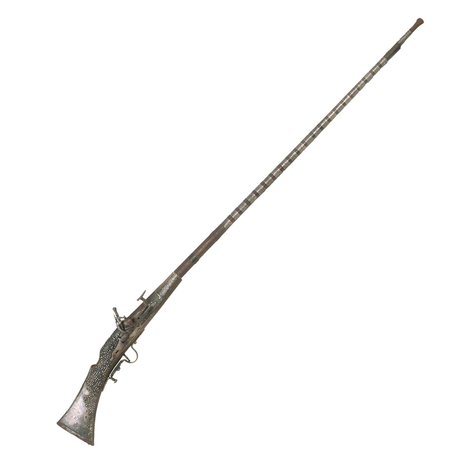 Buy Original Early 19th Century North African Kabylia Style Snaphaunce Lock Jezail with Niello & Silver Ornamented Stock | Original Firearms Antique For Sale