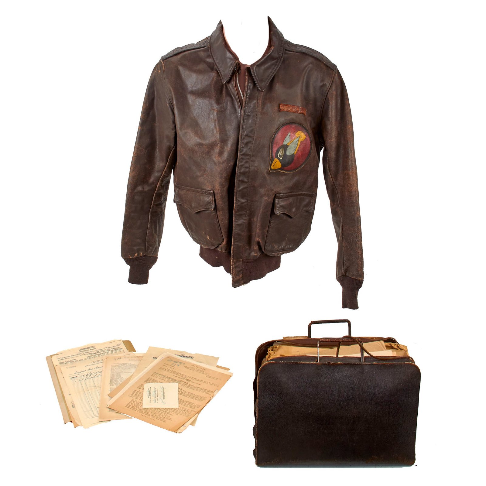 Buy Original U.S. WWII 8th Air Force Flying 8-Balls Painted A-2 Leather Flight Jacket Named to Pilot Lt. Raymond Bethel, 44th Bombardment Group with Documents | Original Firearms Antique For Sale