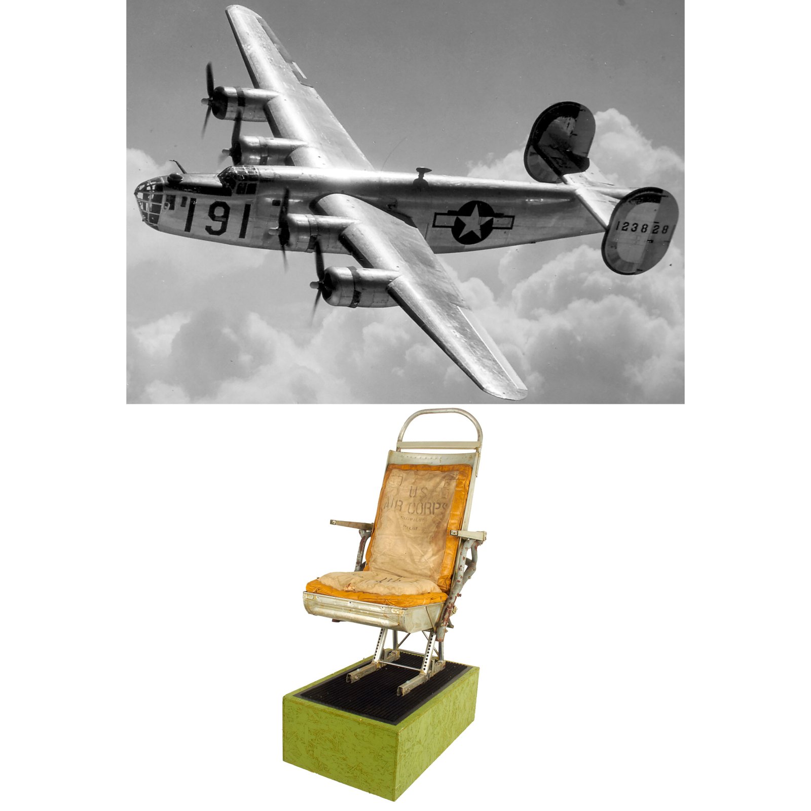 Buy Original U.S. WWII Consolidated B-24 Liberator Heavy Bomber Pilot Seat With Cushions, Partial Canopy Cover and Mounted On Base - 56” x 19” x 31” | Original Firearms Antique For Sale