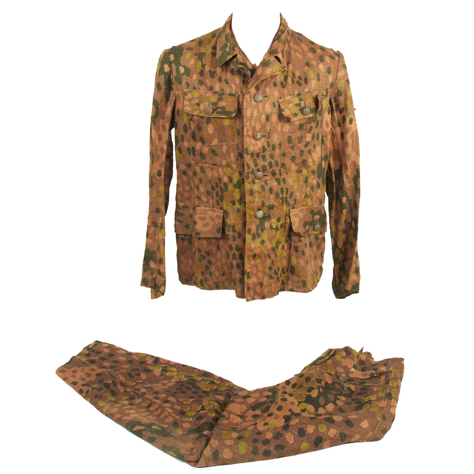 Buy Original German WWII Waffen SS 1944 Pattern "Pea Dot" Camouflage HBT M44 Uniform Tunic & Trousers with Resewn Eagle | Original Firearms Antique For Sale