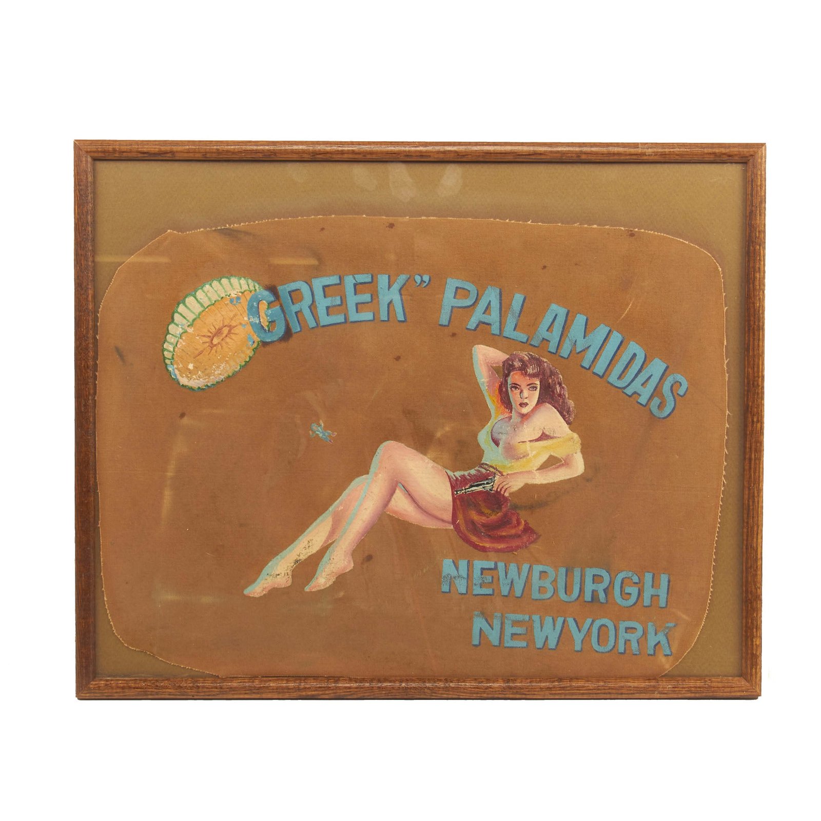 Buy Original U.S. WWII Frame US Airborne Paratrooper’s Jane Russell 1943 Film "The Outlaw" Pin Up Girl Seabag Artwork Piece; “Greek Palamidas” - 17” x 21” | Original Firearms Antique For Sale
