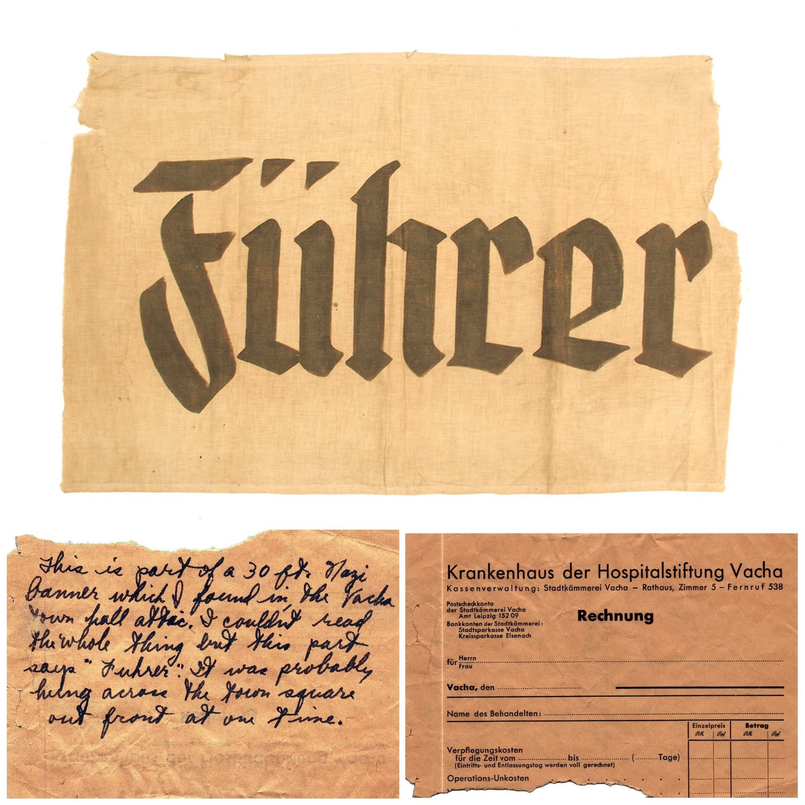 Buy Original German WWII 26" x 44" Fragment of Banner Reading "Führer" with Bring Back Note from USGI | Original Firearms Antique For Sale