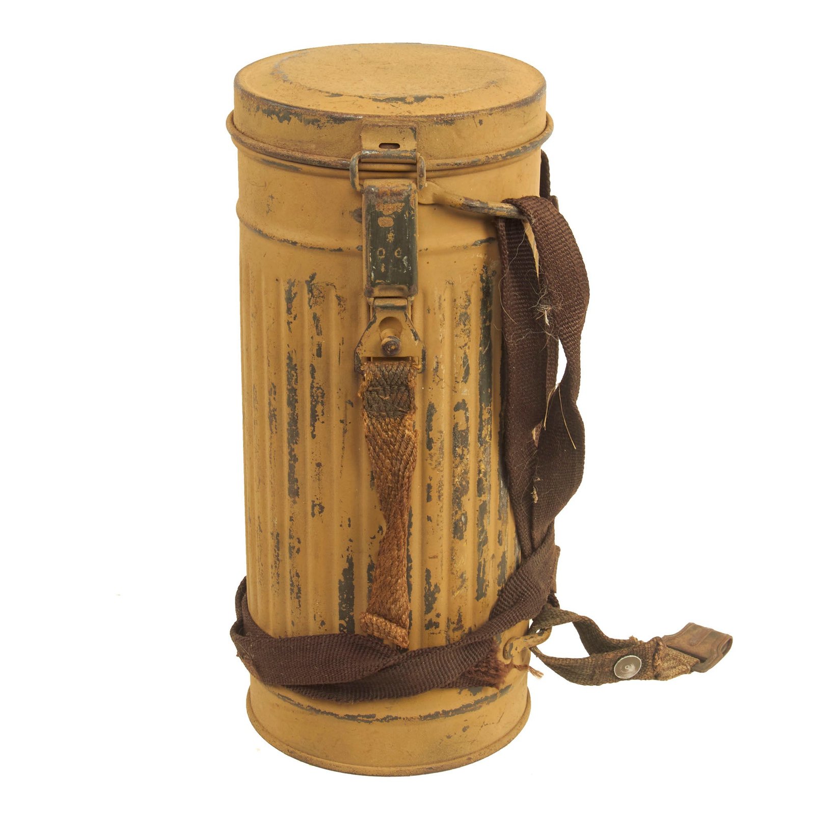 Buy Original German WWII Wehrmacht “Long Model” M38 Gas Mask Canister With Afrika Korps Period Applied Desert Camouflage Paint and Original Straps | Original Firearms Antique For Sale