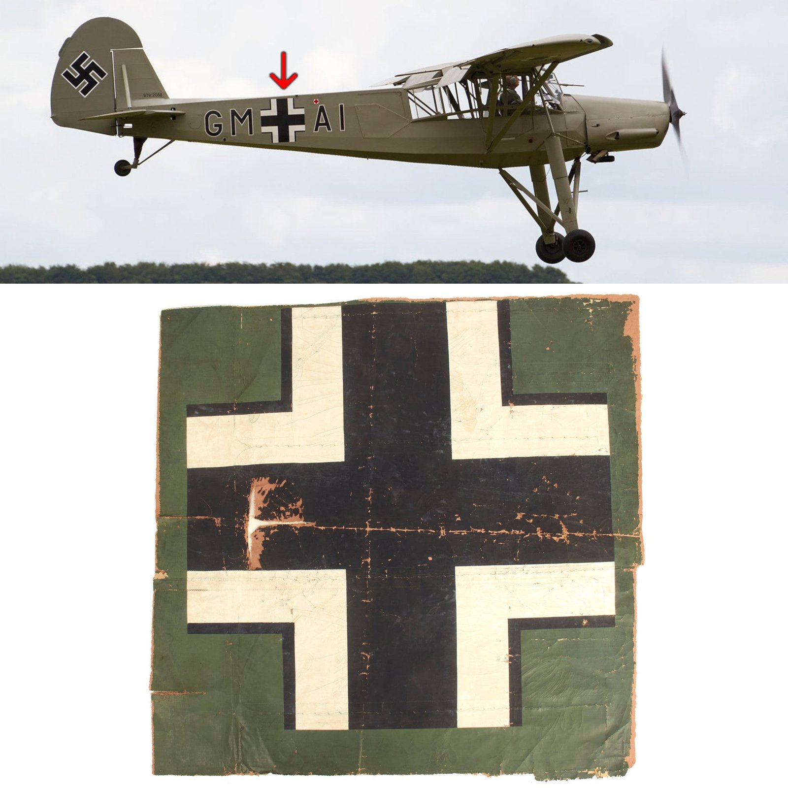 Buy Original German WWII Fieseler Fi 156 Storch Aircraft Balkan Cross Painted Cloth Fuselage Section - 44" x 44" | Original Firearms Antique For Sale