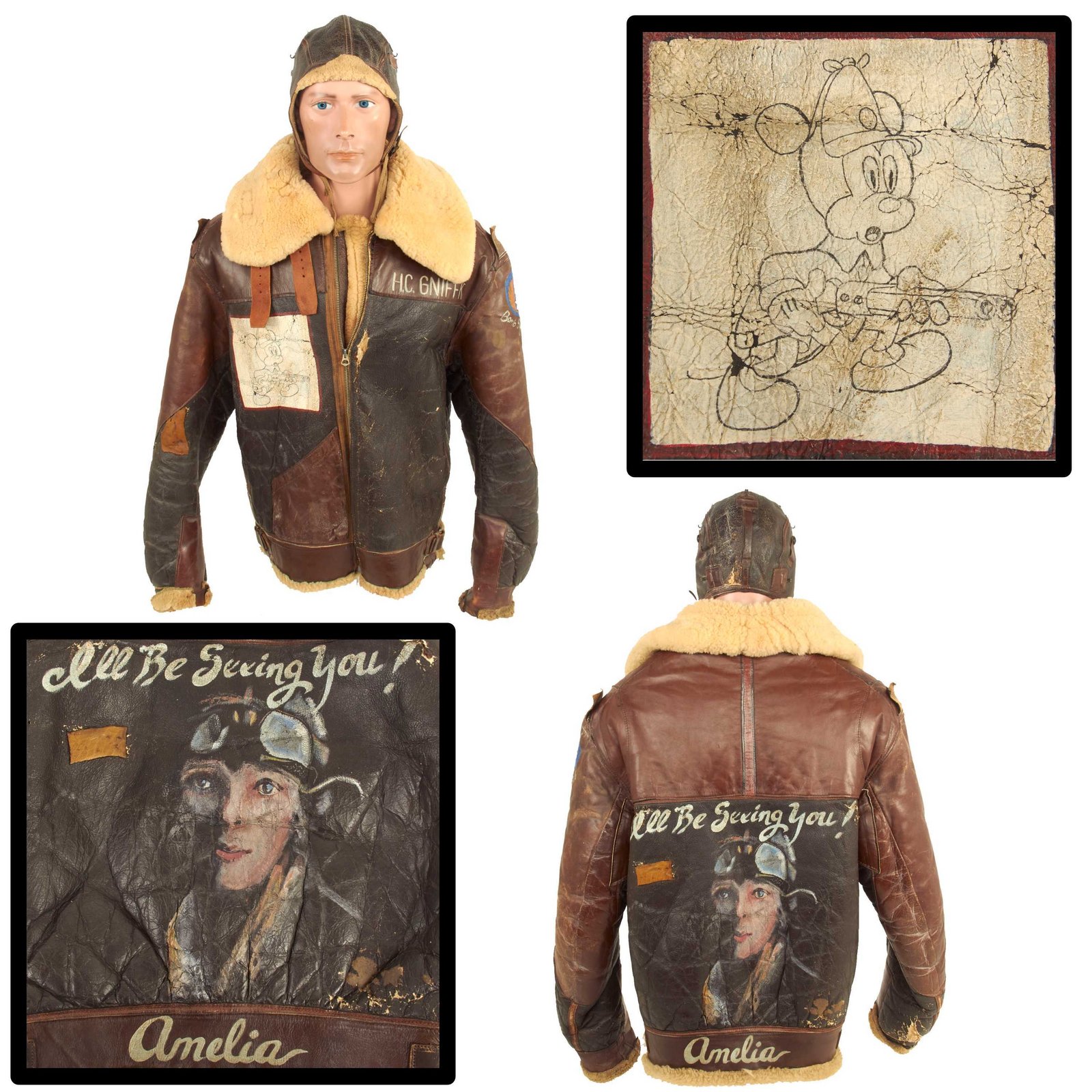 Buy Original U.S. WWII 306th Bombardment Group B-3 Sheepskin Bomber Jacket Featuring Disney’s Mickey Mouse With Flight Cap and Gloves Set | Original Firearms Antique For Sale
