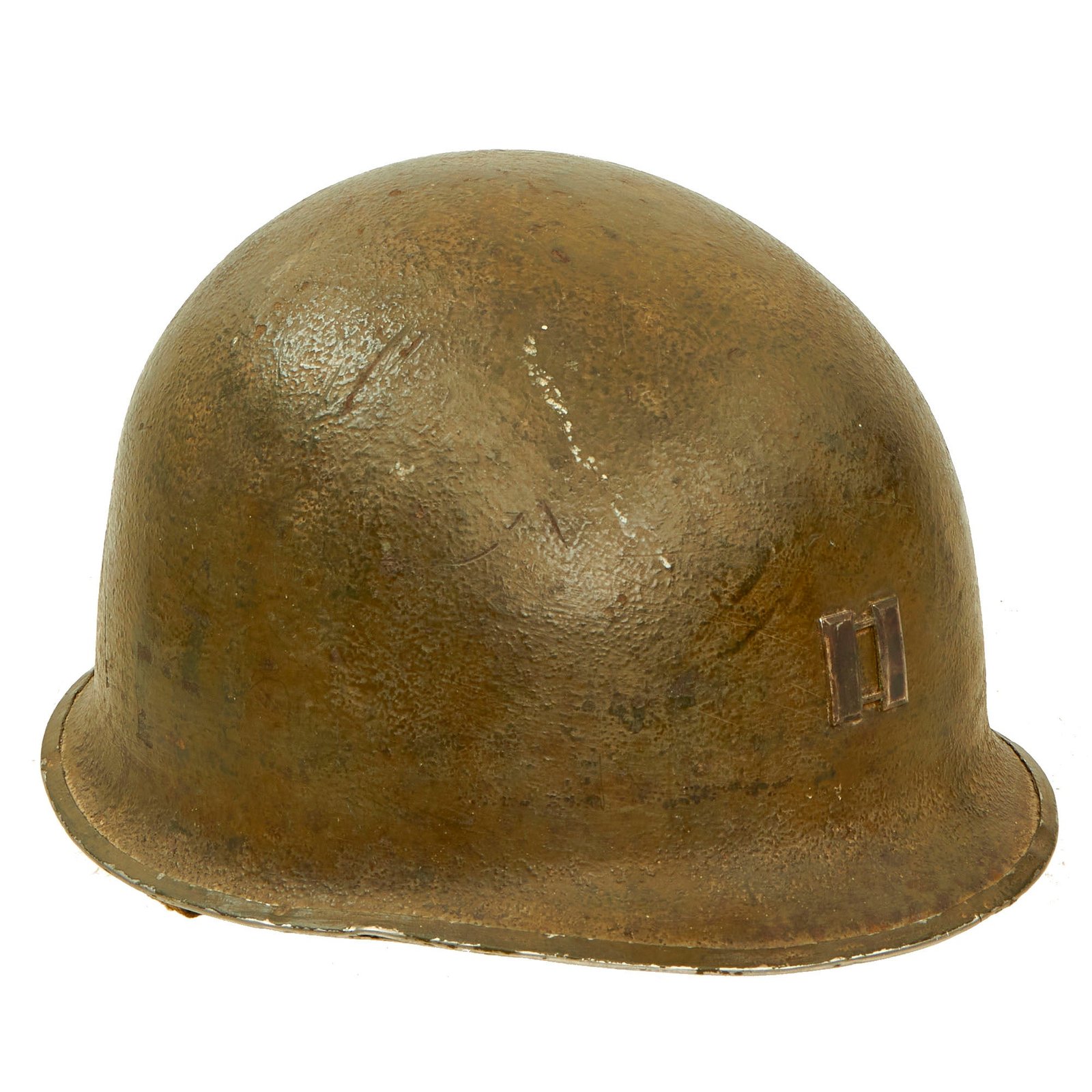 Buy Original U.S. WWII Captain’s 1943 M1 McCord Front Seam Fixed Bale Helmet with Seaman Paper Co Liner and “Follow Me” vertical Stripe | Original Firearms Antique For Sale