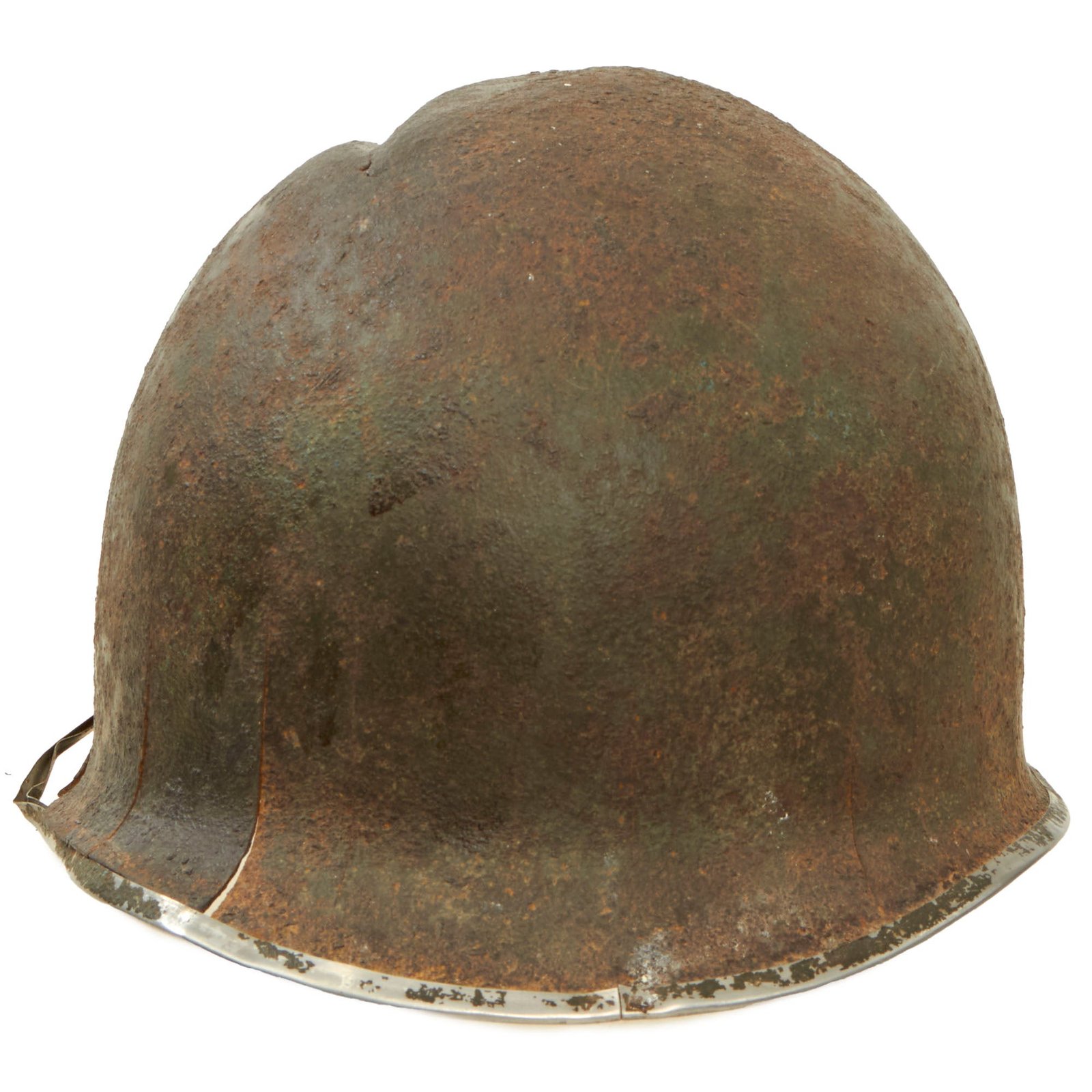 Buy Original U.S. WWII Relic M1 Fixed Bale Front Seam Helmet Shell Recovered from Normandy in 1990s - Battle Damage | Original Firearms Antique For Sale