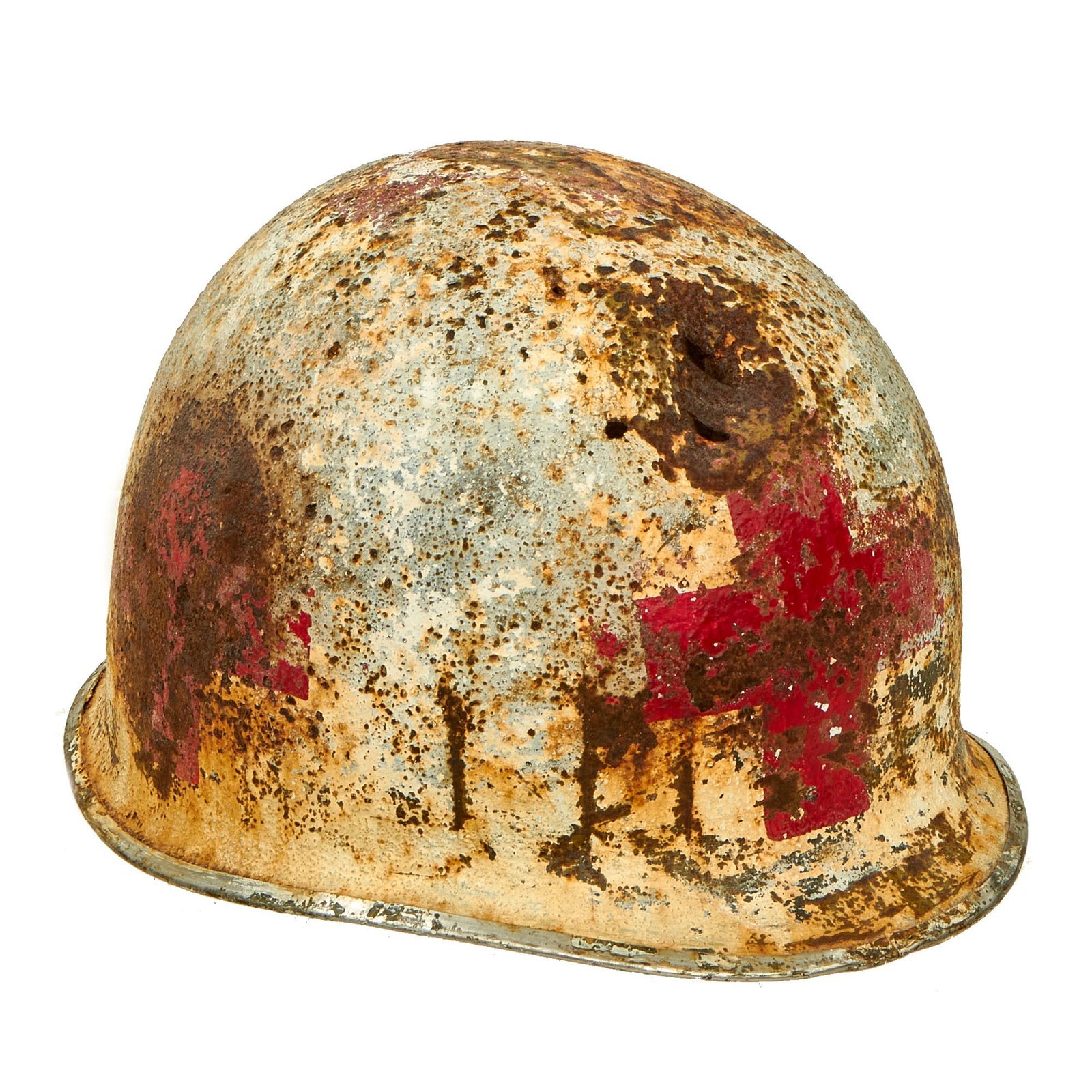 Buy Original U.S. WWII 4-Panel Medic McCord Front Seam Swivel Bale M1 Helmet With Original White Camouflage Paint - Ground Dug At Battle of the Bulge Area | Original Firearms Antique For Sale