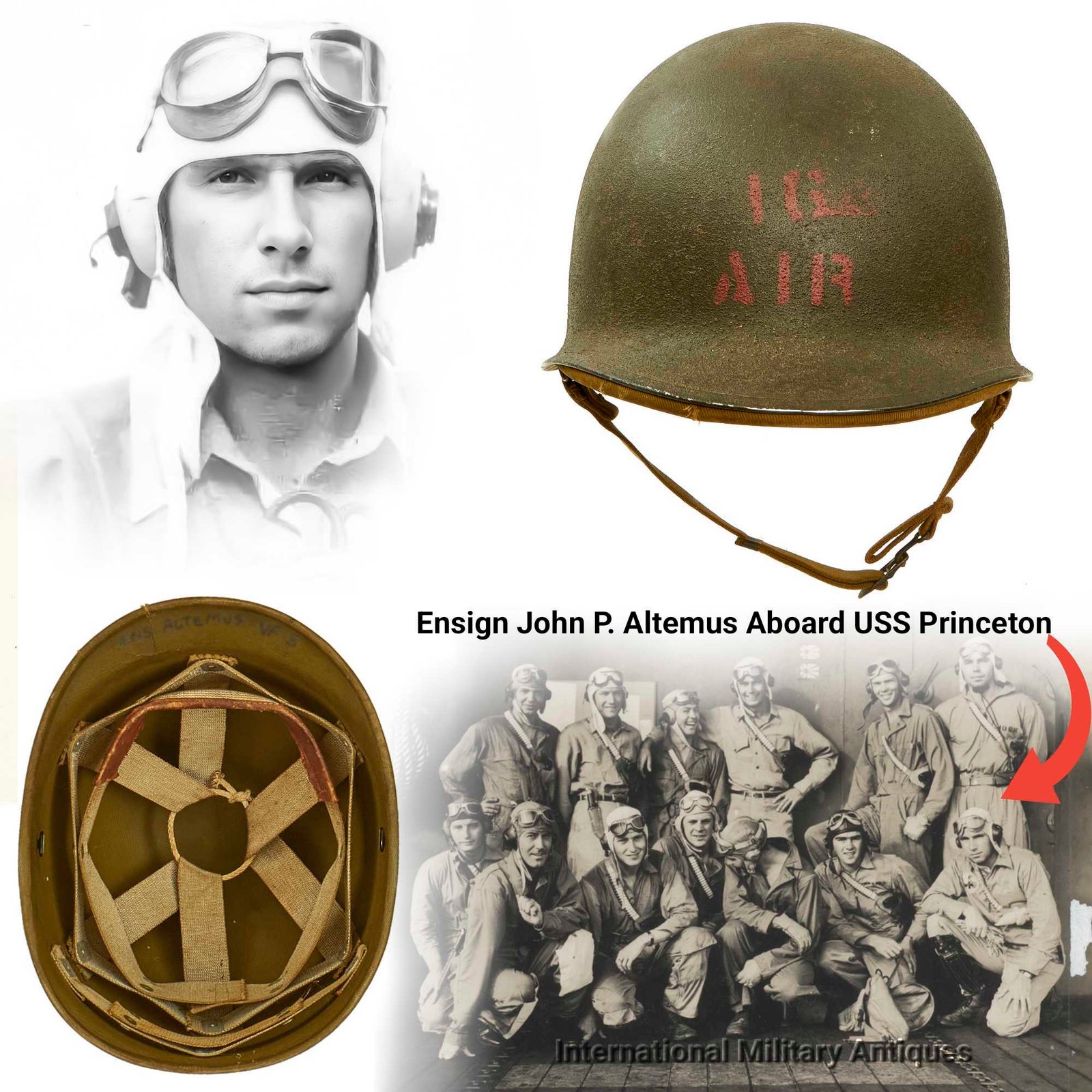 Buy Original WWII U.S. Navy Combat Ace Fighting Squadron VF-5 “Screaming Eagles” Named 1942 McCord M1 Fixed Bale Helmet with Rare 1st Pattern Hawley Paper Liner - Lt. John P. Altemus, 6 Confirmed Aerial Kills | Original Firearms Antique For Sale