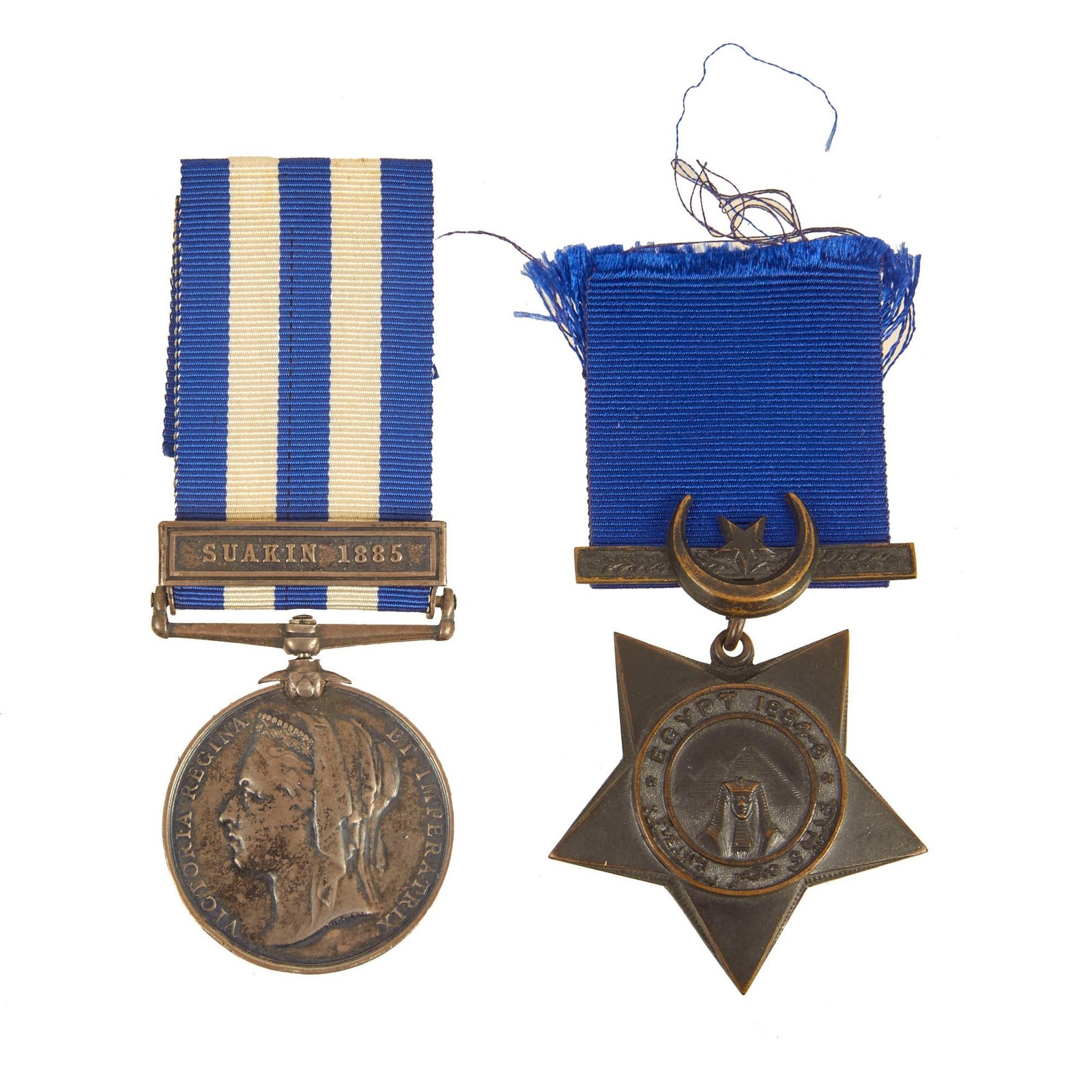 Buy Original British Mahdist War Suakin Expedition Rim Engraved Egypt Medal With Suakin 1885 Clasp and Bronze Khedive’s Star - Private Charles Saunders, 1st Battalion Shropshire Light Infantry | Original Firearms Antique For Sale
