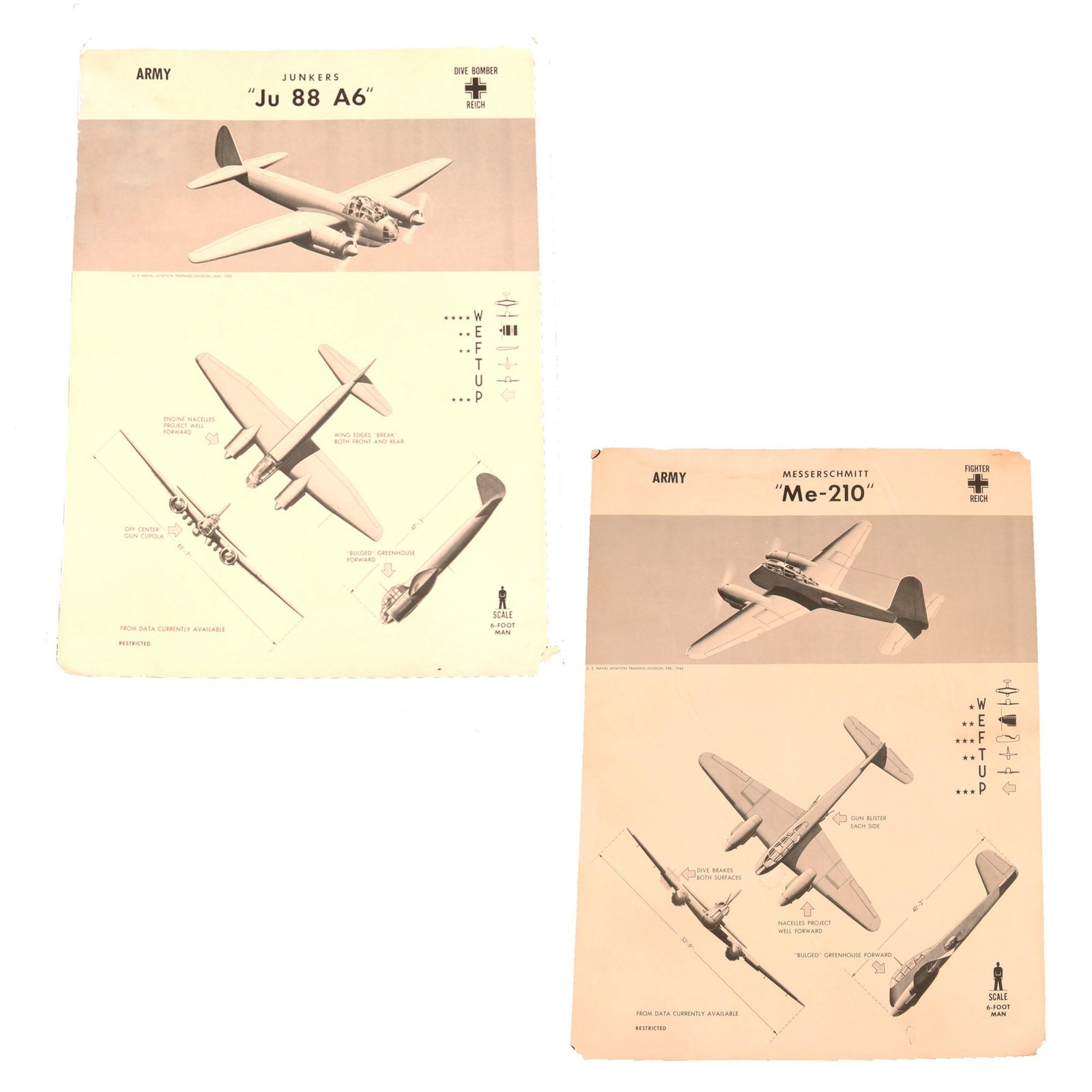 Buy Original U.S. WWII Recognition Posters for the Messerschmitt Me-210 & the Junkers Ju 88 A6 Aircraft - Lot of Two - 18½ x 24¾” | Original Firearms Antique For Sale