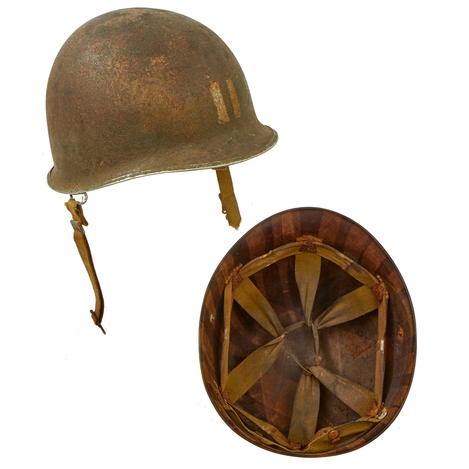 Buy Original U.S. WWII Captain’s Bars Painted 1944 McCord Front Seam Swivel Bale M1 Helmet with Rare Inland Liner - Unknown Regiment Marking On Reverse | Original Firearms Antique For Sale