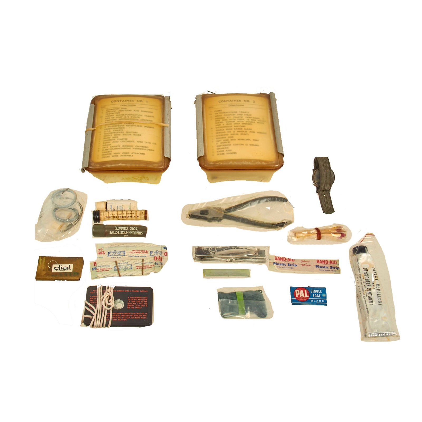 Buy Original U.S. Vietnam War 1962 Dated Survival, Escape and Evasion Kit “SEEK” Containers 1 & 2 - Complete - SERE; Survival, Evasion, Resistance and Escape | Original Firearms Antique For Sale