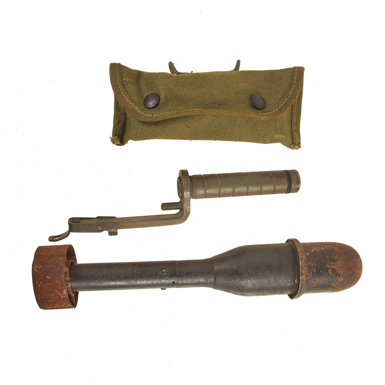 Buy Original U.S. WWII M7 Grenade Launcher for M1 Garand Rifle with Inert M11A4 Practice Grenade and New Old Stock M15 Grenade Launcher Sight Still Wrapped In Canvas Carry Pouch | Original Firearms Antique For Sale