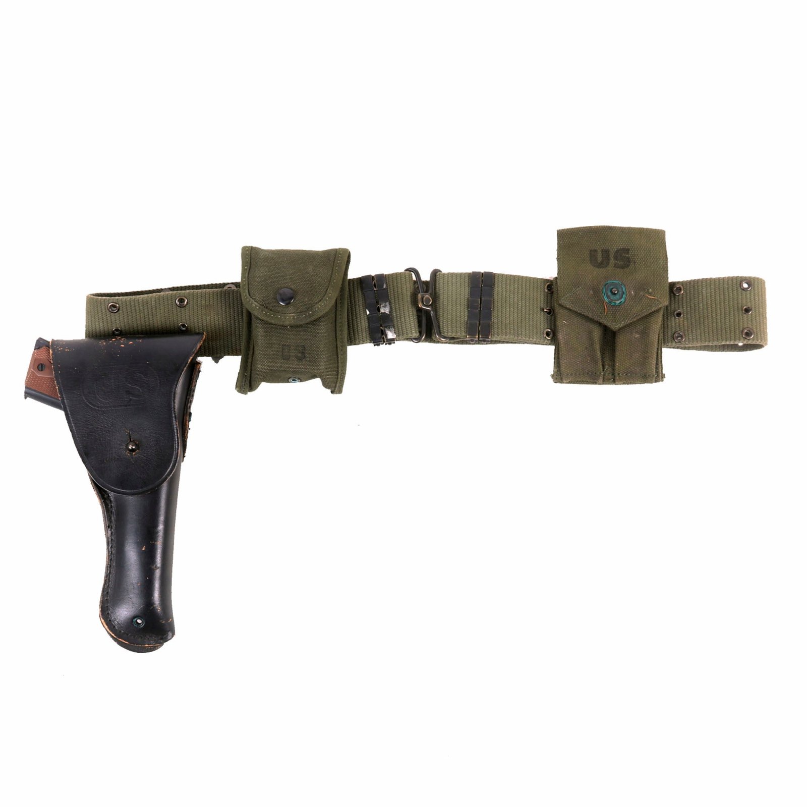 Buy Original U.S. Vietnam War Era M-1956 Load-Carrying Equipment Belt With Black M1911 Holster With Replica M1911 Pistol Prop, First Aid Pouch With Bandage and Magazine Pouch | Original Firearms Antique For Sale