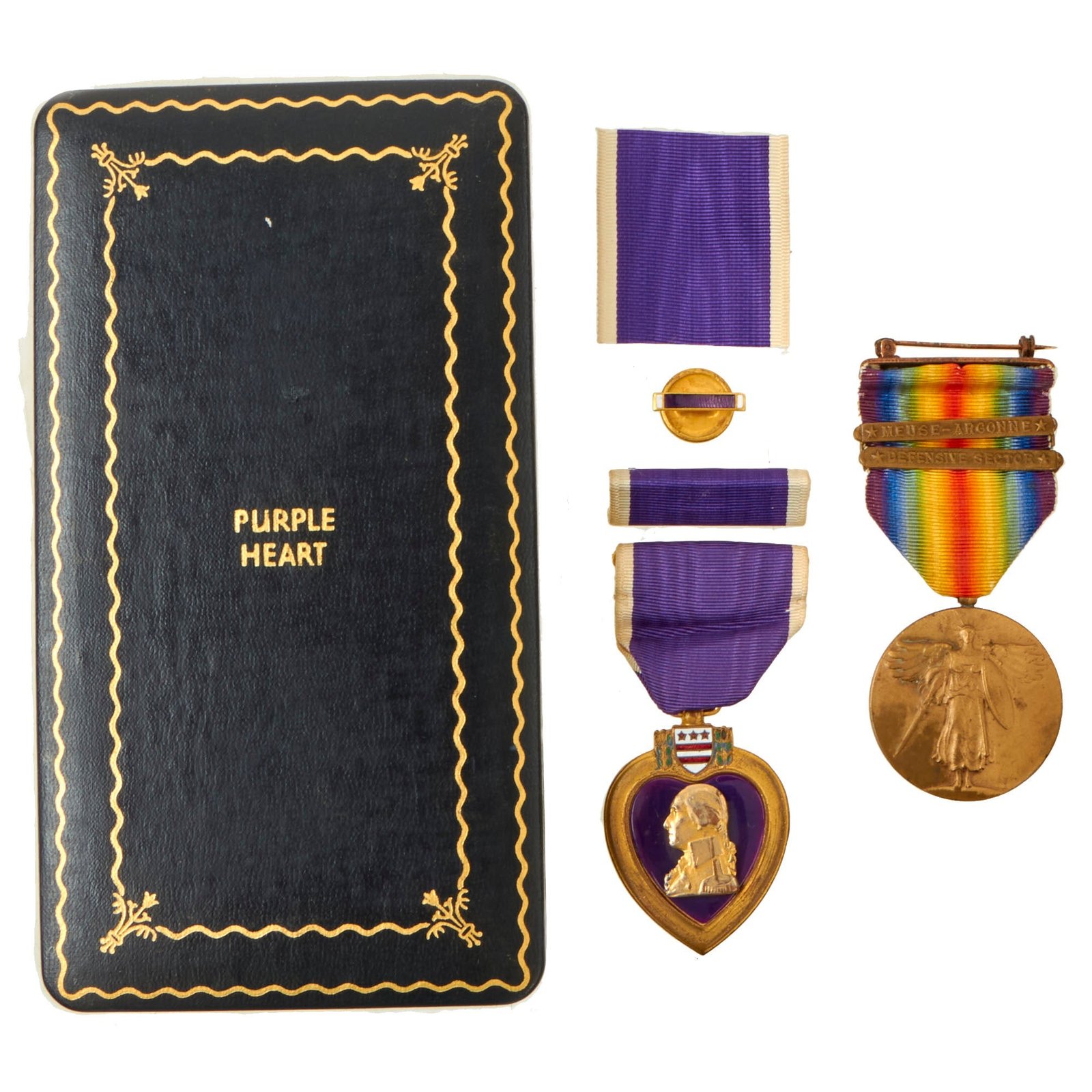 Buy Original U.S. WWI 36th Division Engraved Purple Heart & Victory Medal Grouping - 142nd Infantry Regiment | Original Firearms Antique For Sale