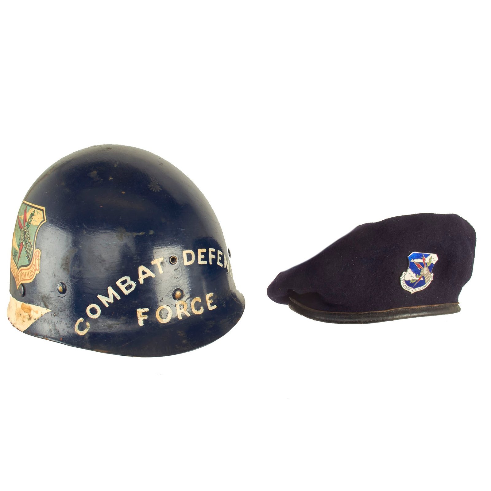 Original U.S Buy Original U.S. Vietnam War Era US Air Force Security Police Combat Defense Force M1 Helmet Liner for the Strategic Air Command With Blue Beret - WWII Firestone Liner | Original Firearms Antique For Sale