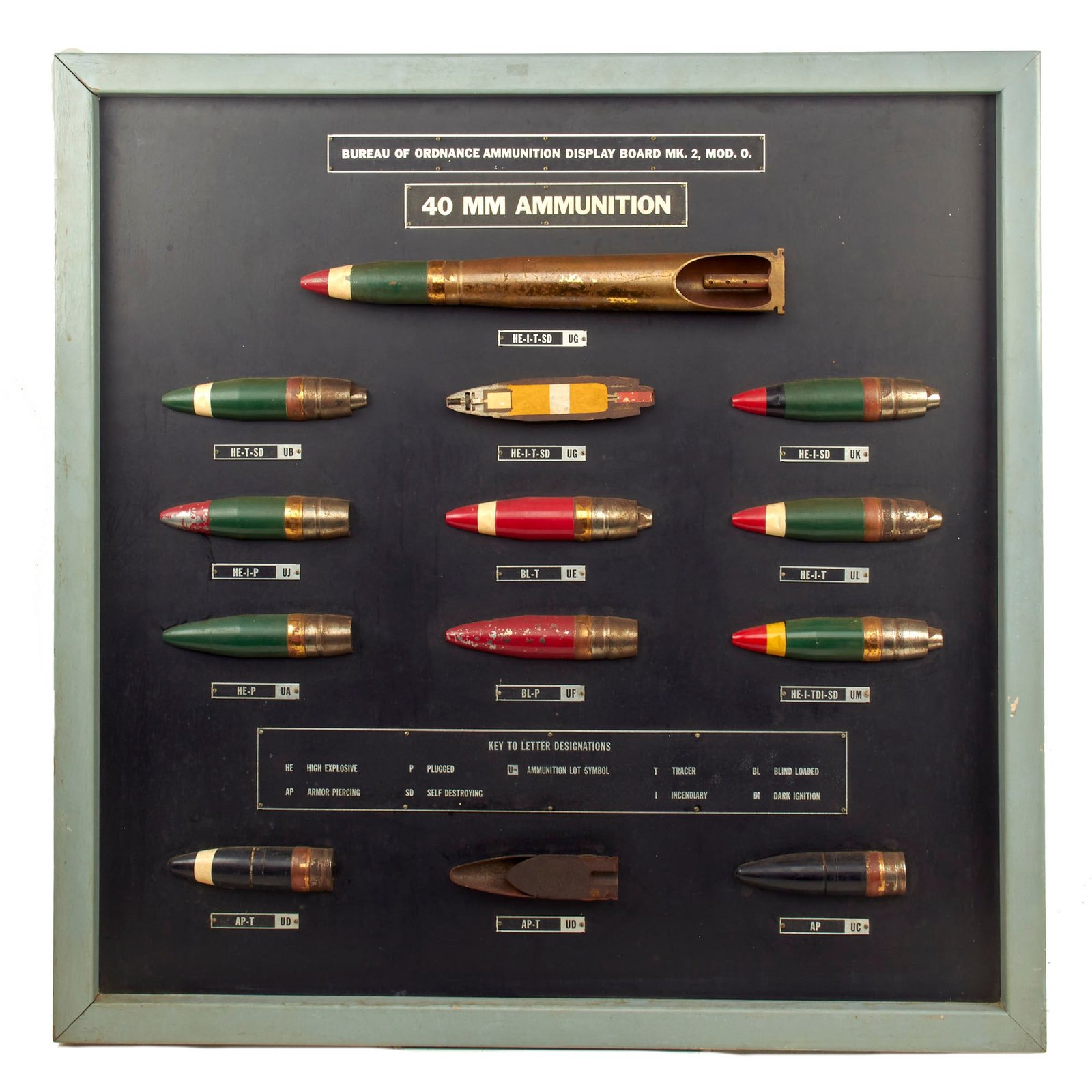 Buy Original U.S. Pre Vietnam War Era Inert US Navy 40mm Mk2 Bureau of Ordnance Ammunition Display Board - 36” x 37” | Original Firearms Antique For Sale