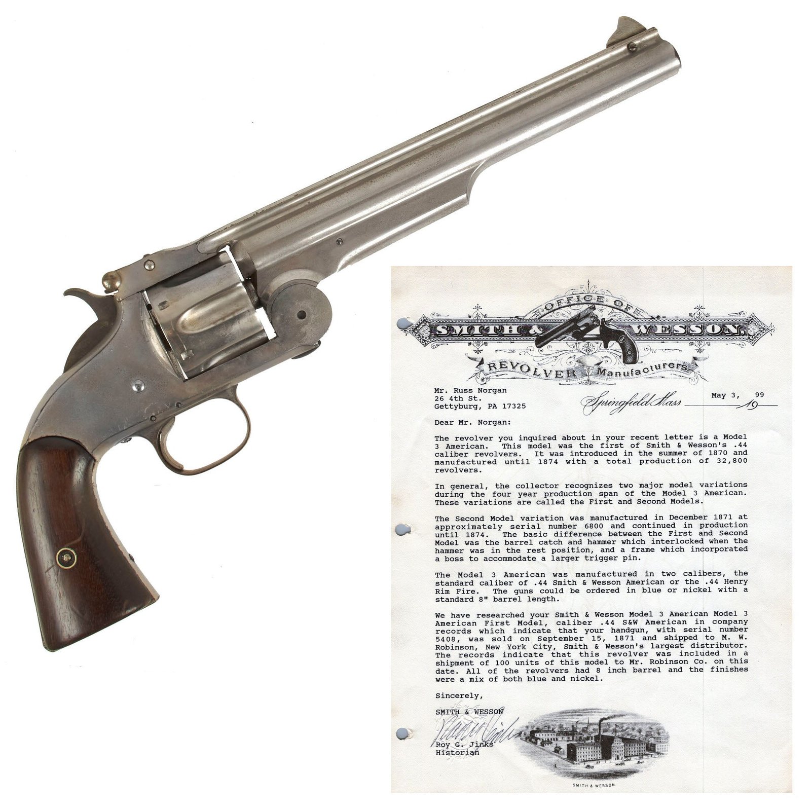 Buy Original U.S. Smith & Wesson First Model No.3 "American" .44cal Nickel-Plated Revolver with Factory Letter - Serial 5408 | Original Firearms Antique For Sale