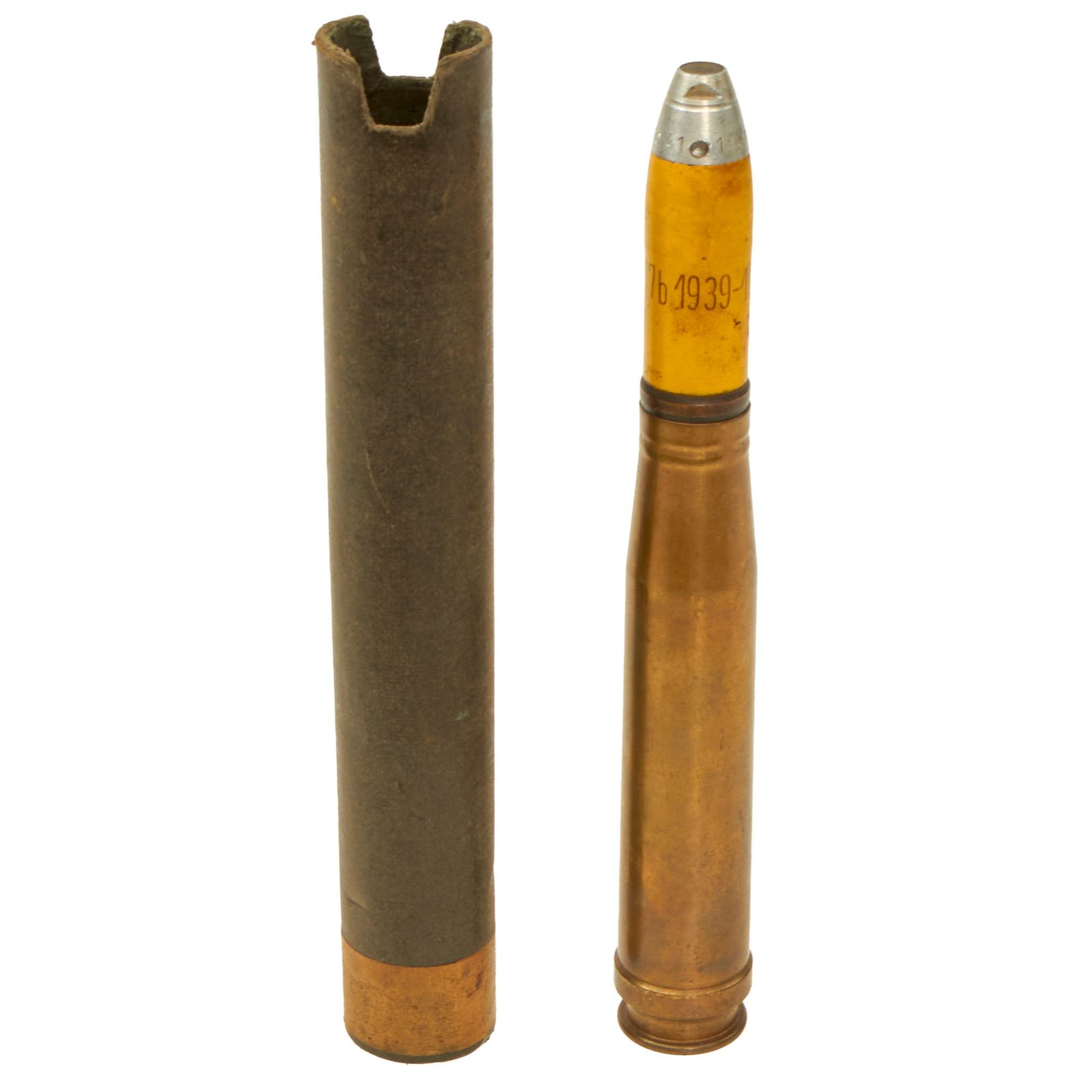 Buy Original German WWII Inert 20mm 20×138 FlaK HE High Explosive Round with Shipping Tube | Original Firearms Antique For Sale