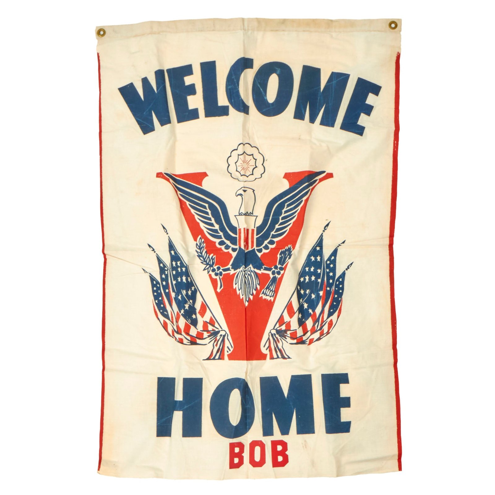 Buy Original U.S. WWII Era “Welcome Home” V For Victory Red, White & Blue Message Flag for Bob - 24 x 37” | Original Firearms Antique For Sale