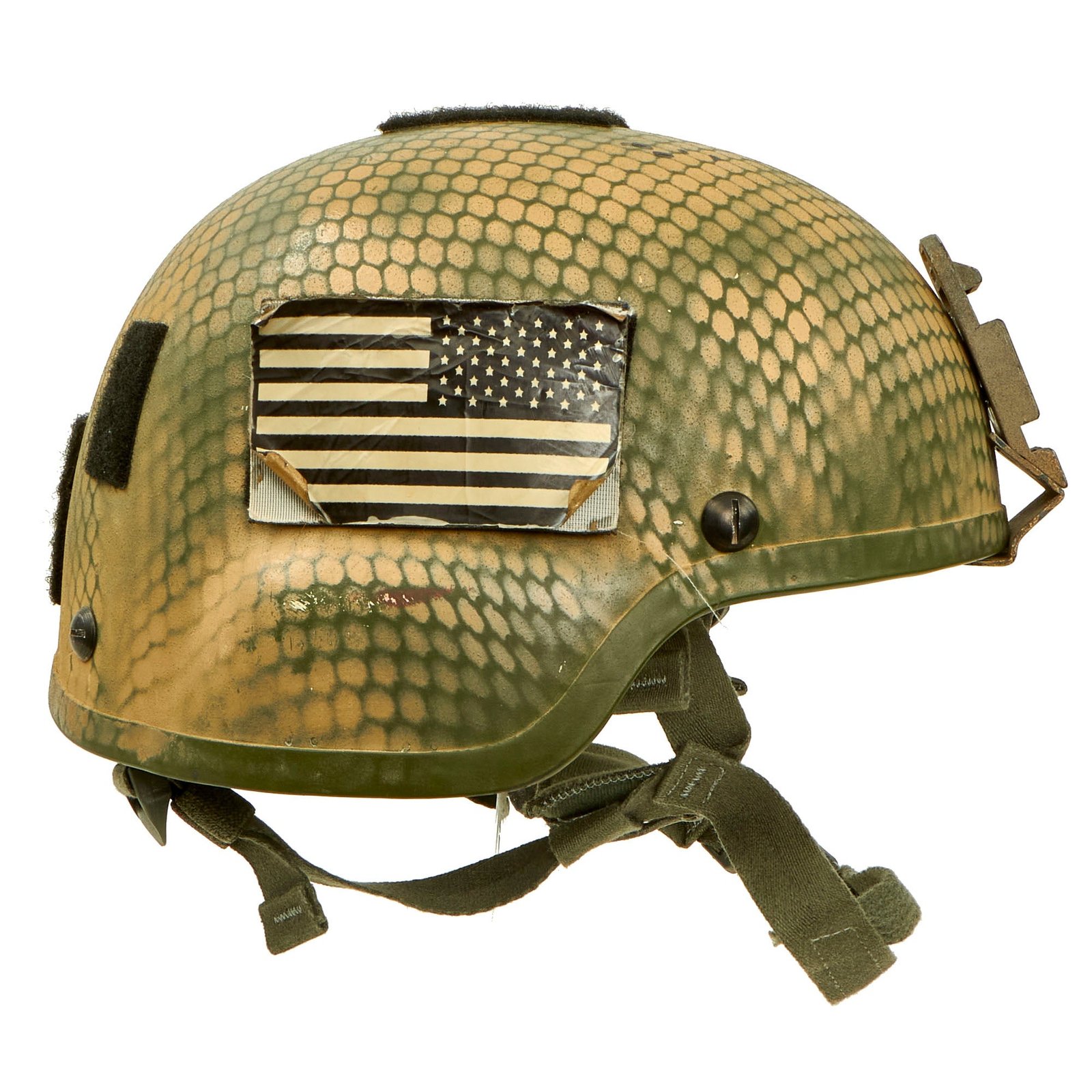 Buy Original U.S. Global War on Terror Special Forces ACH/MICH Helmet with Night Vision Base Plate, Infrared U.S. Flag Patch & Field-Applied Net Overlay Camouflage | Original Firearms Antique For Sale