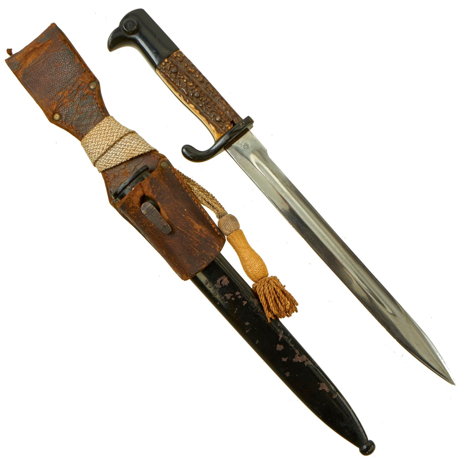 Buy Original Imperial German WWI Private Purchased Stag Handle Kurzes Seitengewehr M1898 Factory Sanitized Sawback Bayonet by WKC With Leather Frog and Scabbard - Untouched | Original Firearms Antique For Sale