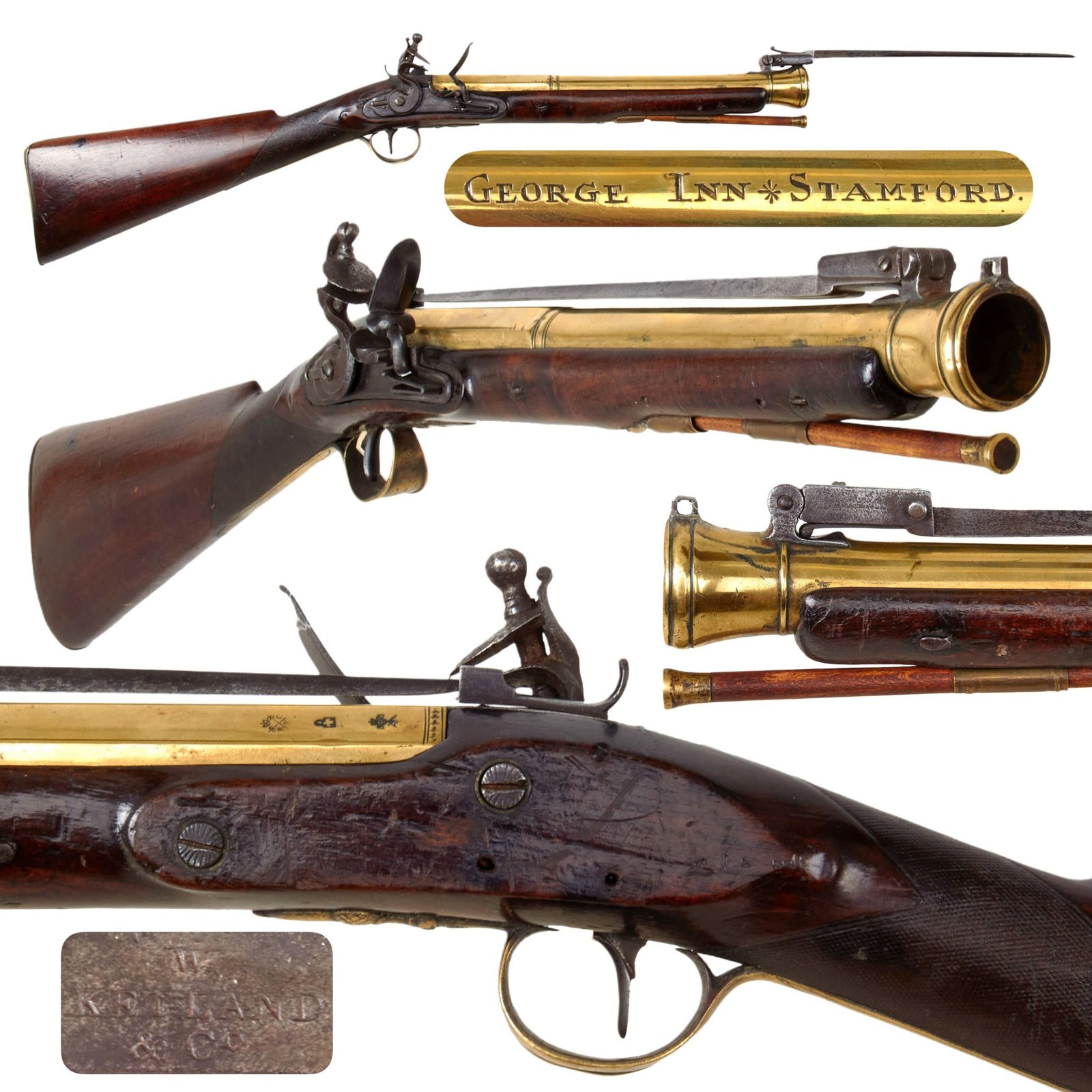 Buy Original British Brass Barrel Flintlock Coaching Blunderbuss by W. Ketland & Co. Marked to George Inn of Stamford with Spring Loaded Bayonet - circa 1820 | Original Firearms Antique For Sale
