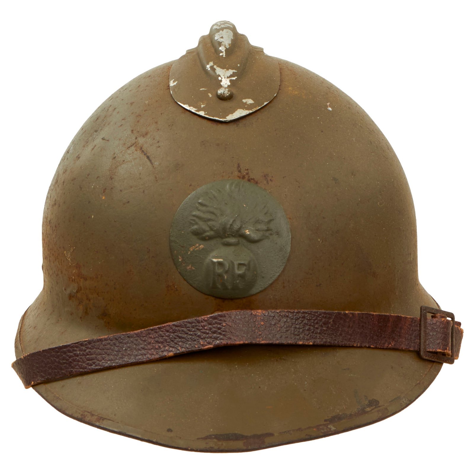 Buy Original French WWII M1926 Adrian Helmet with Liner and Chinstrap - Olive Green | Original Firearms Antique For Sale