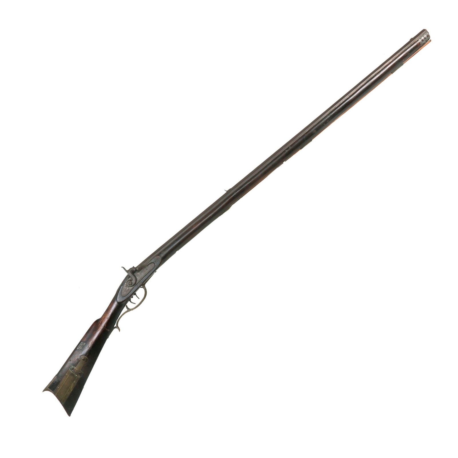 Buy Original U.S. Southern Virginia Style Long Rifle with Set Trigger and British Lock by Joseph Golcher - Pewter Nose Cap & Tobacco Tags on Stock c. 1840 | Original Firearms Antique For Sale