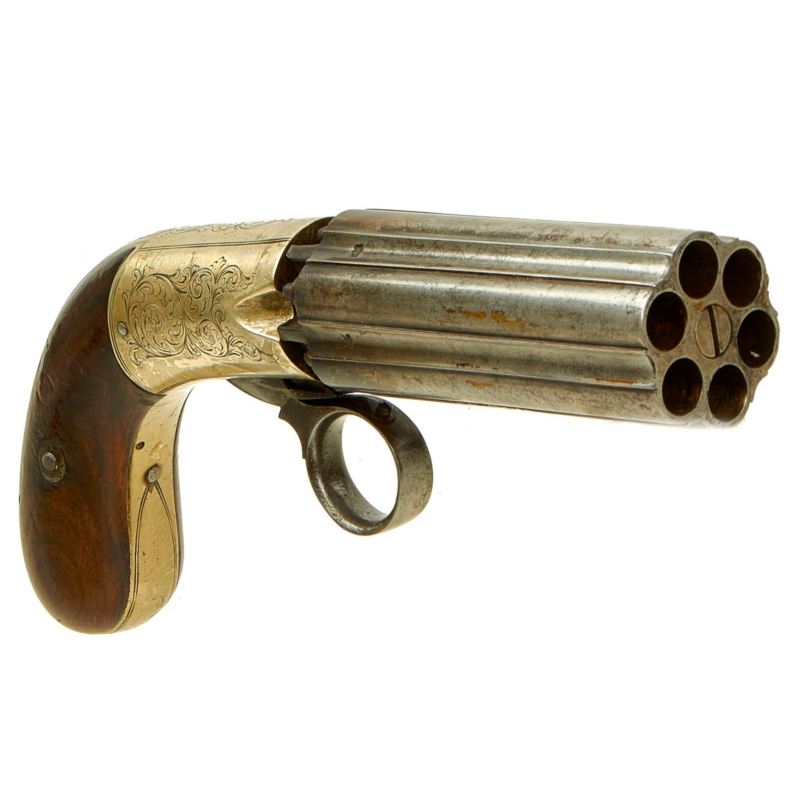 Buy Original British Victorian Nickel Silver Framed J.R. Cooper Patent Underhammer Pepperbox Percussion Revolver - circa 1850 | Original Firearms Antique For Sale