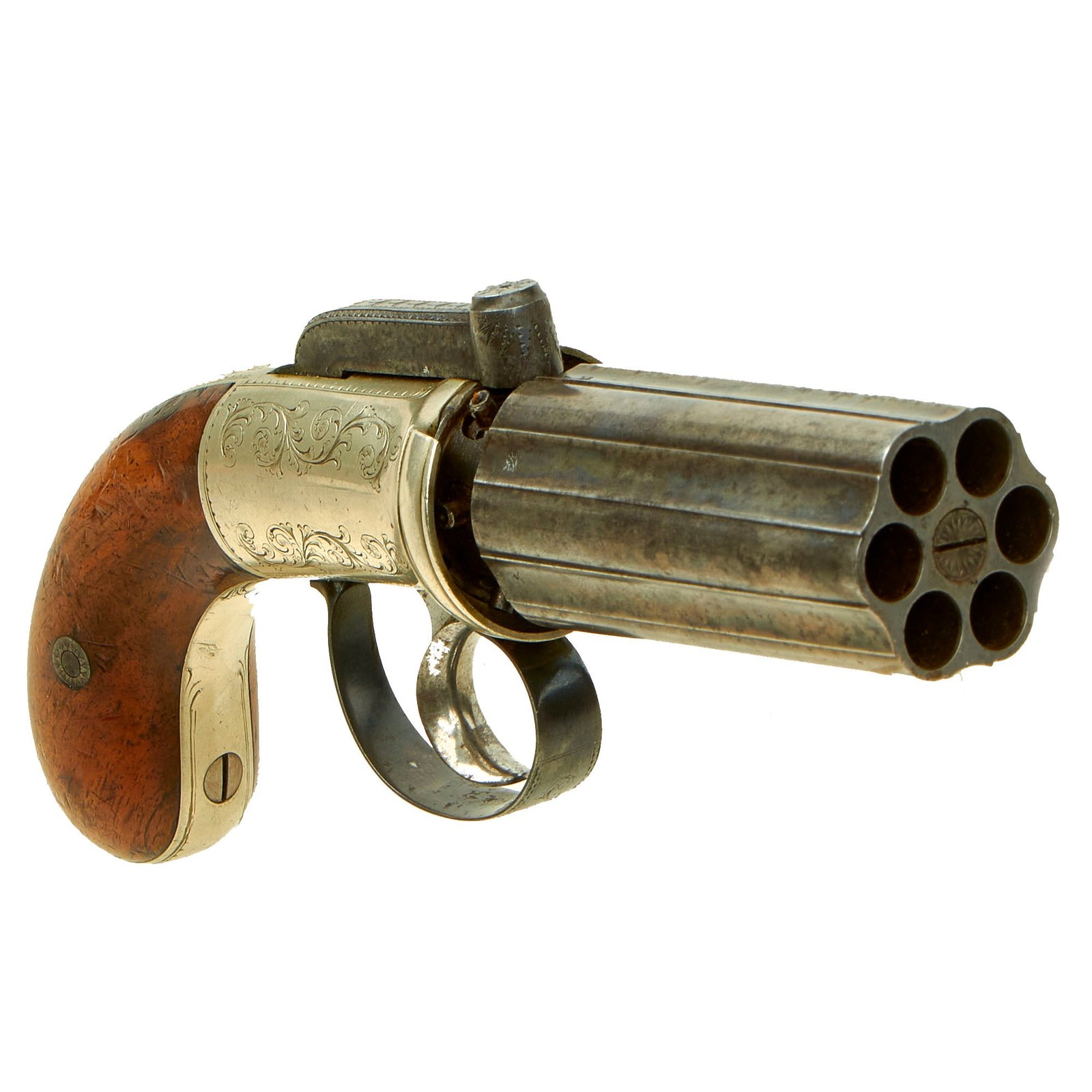 Buy Original British Victorian Nickel Silver Framed Pepperbox Percussion Revolver with Birmingham Proofs - circa 1855 | Original Firearms Antique For Sale