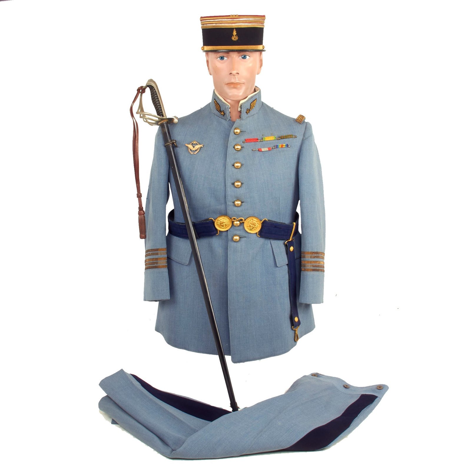 Buy Original France WWI Pilot Armée de l'Air French Air Service Officer’s Uniform Set With Tunic, Trousers, Sword Belt, Kepi and 1882 Pattern Officers Sword With Scabbard - 5 Items | Original Firearms Antique For Sale